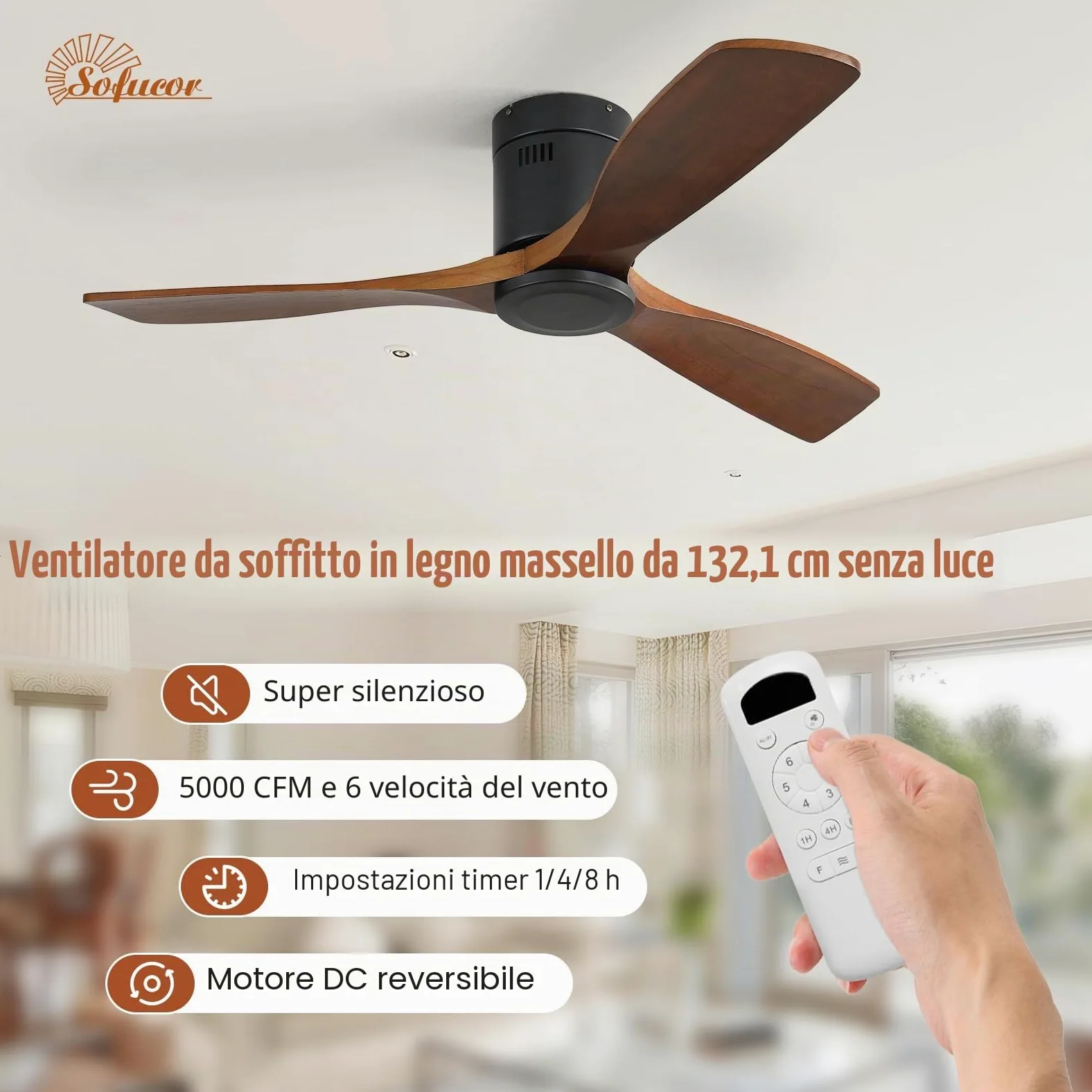 Sofucor 132cm Ventilatore da Soffitto in Legno Massiccio, Telecomando, 6 Velocità, Timer, Motore DC Silenzioso Ventilatore Soffitto per Soggiorno, Cucina, Camera da Letto
