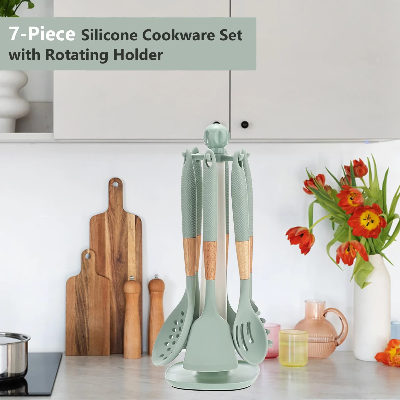 AVEKI Set di utensili da cucina in silicone 7 pezzi con supporto girevole resistenti al calore verde