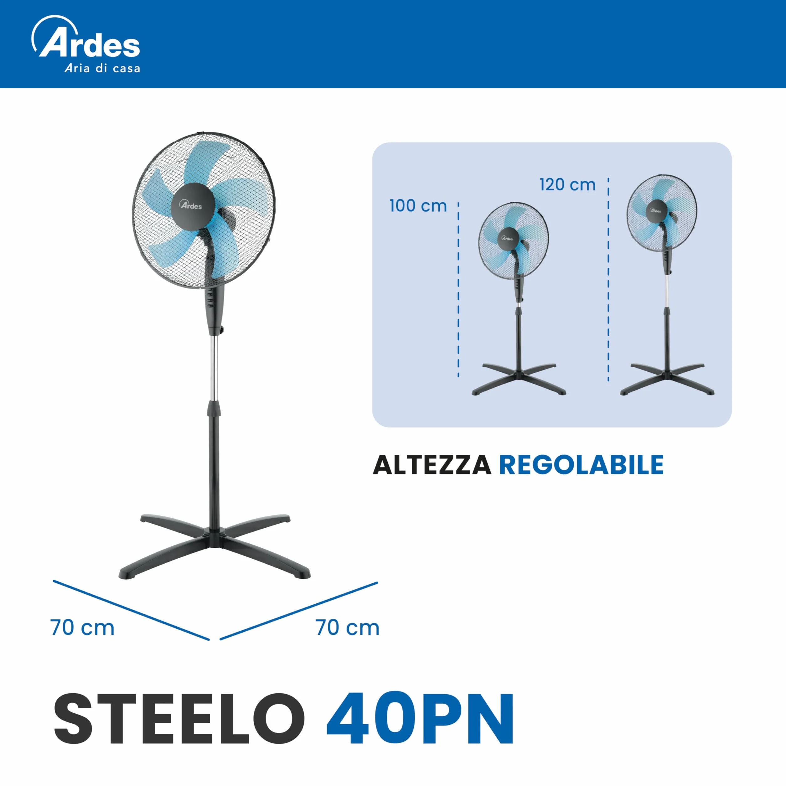 Ardes STEELO 40PN Ventilatore a Piantana 50W 40 cm con Oscillazione Automatica, Altezza e Inclinazione Regolabile, 3 Velocità, Design Total Black e 5 Pale