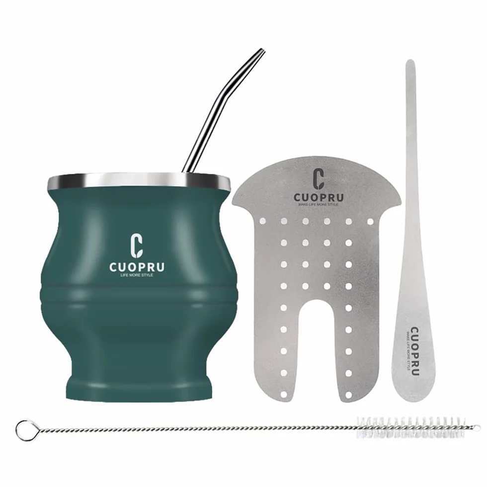 Cuopru Yerba Mate Set – Moderna Mate Cup, Shaper, Bombilla, Spazzola per Pulizia (Verde Militare)