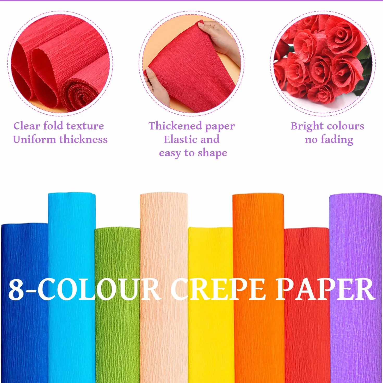 Carta Crespa Colorata 8 Colori 25x250cm con Nastro Verde e Steli Filo Floreale