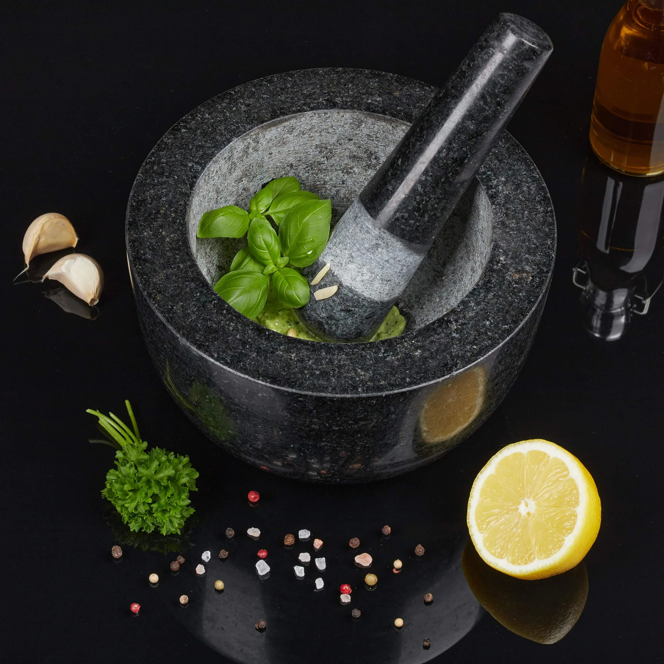 Relaxdays Mortaio e Pestello in Granito 750 ml Pietra Lucida D: 20 cm Grigio Scuro