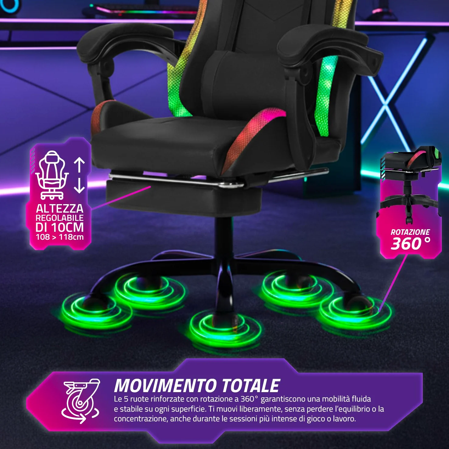 Wintem – – Sedia Gaming con Poggiapiedi Estraibile, Doppio Cuscino e Luci LED RGB USB per Comfort Totale e Design Futuristico Ideale per Gioco, Studio e Ufficio
