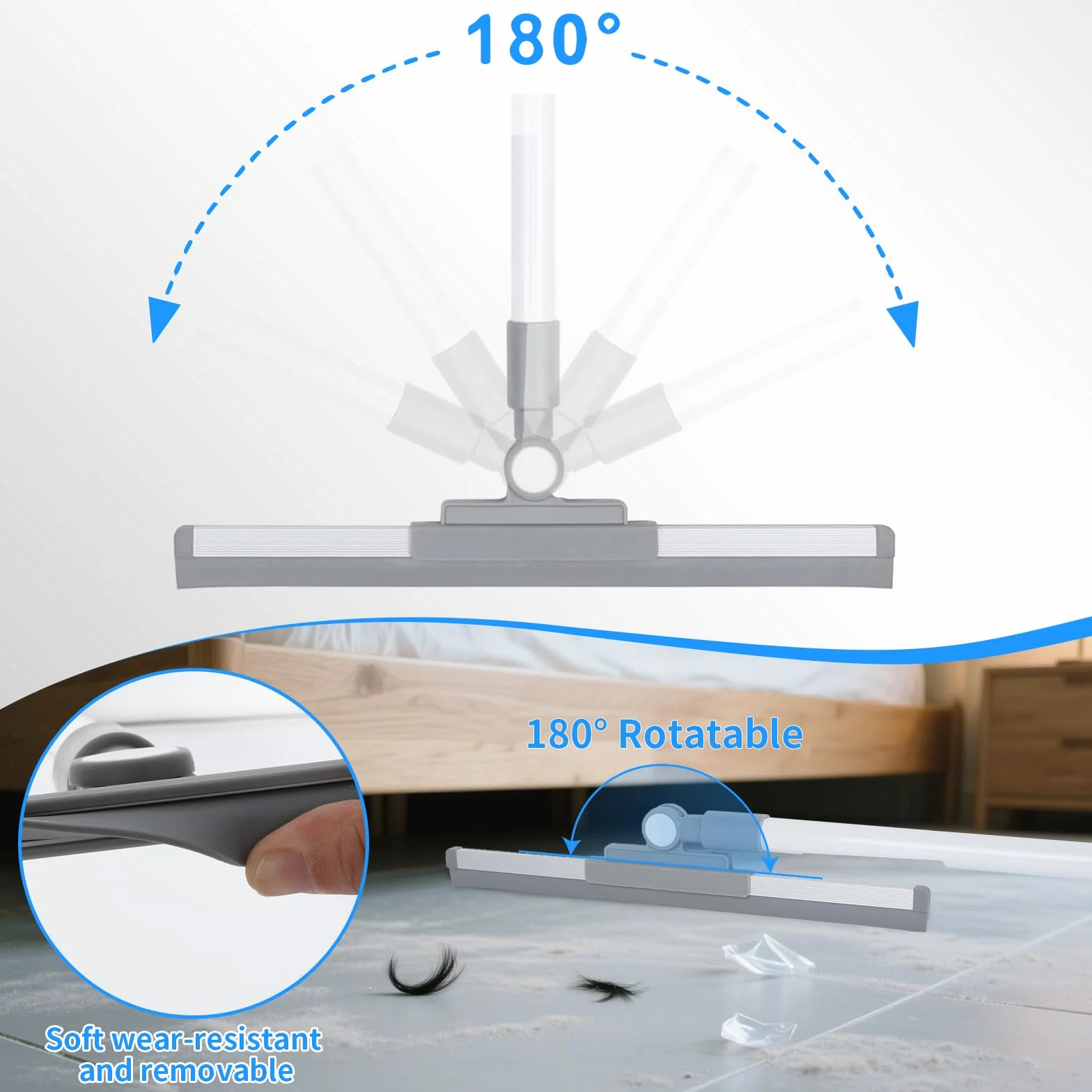 Cozary Tergipavimento Pavimenti, Spazzola Pavimenti Silicone con Manico Lungo Regolabile 136 cm, Panno in Microfibra, Spingiacqua