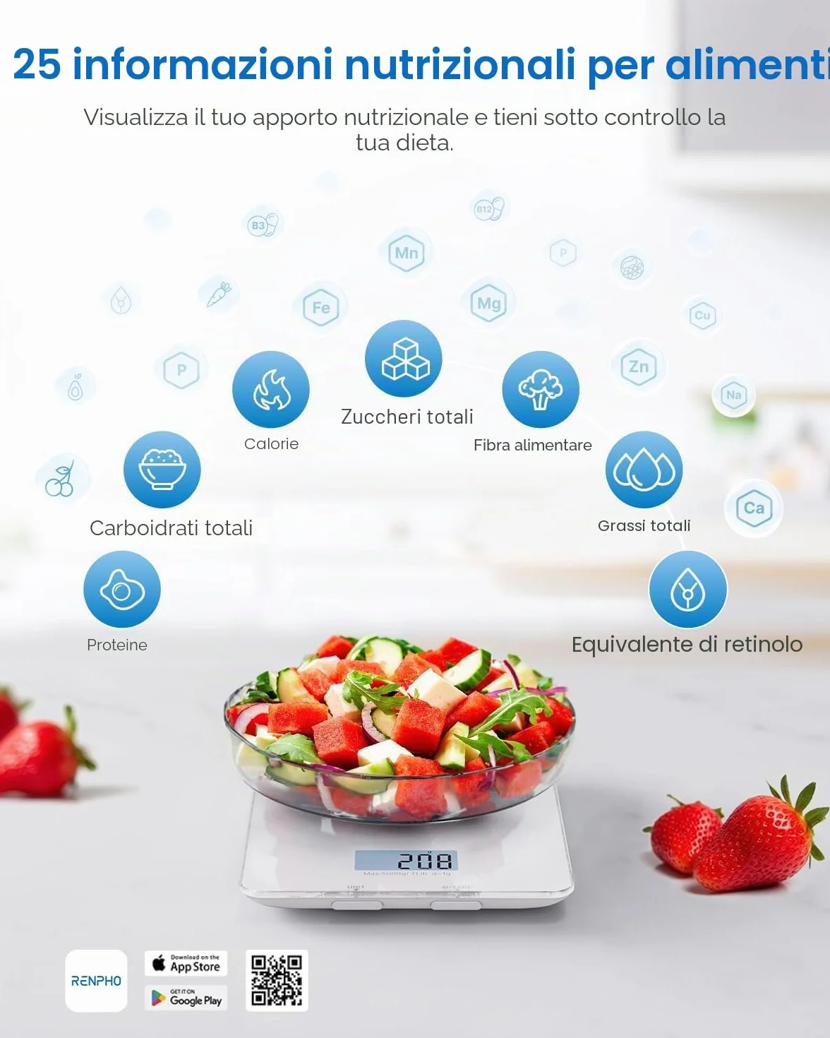 RENPHO Bilancia da Cucina Digitale, Bilancia Elettronica per Alimenti per Cottura e Caffè, Apparecchio Bilancia da Cucina per Keto, Macro, Calorie e Perdita di Peso con App per Smartphone, Bianco