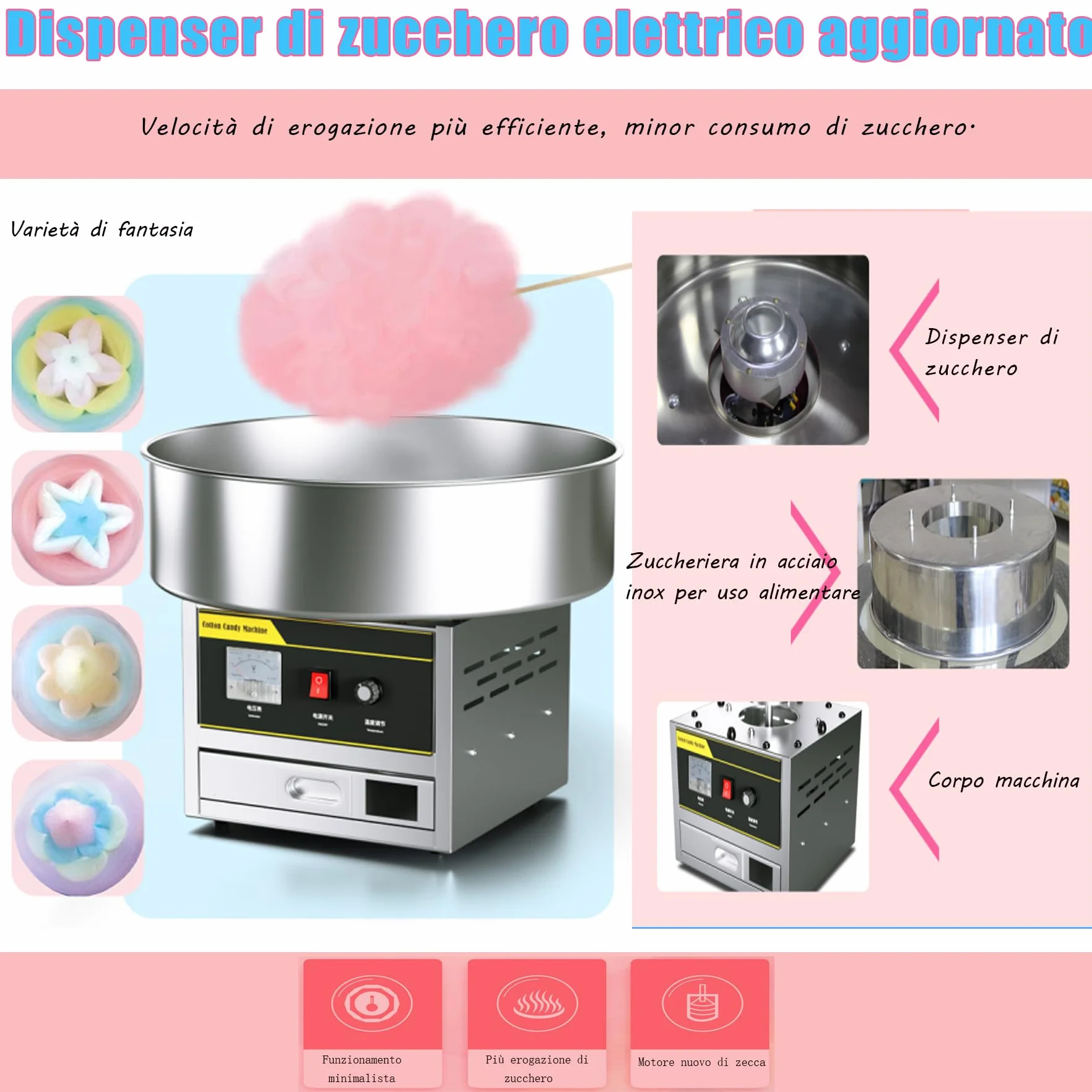 Macchina Commerciale Dello Zucchero Filato 1200W, Macchina Automatica per Zucchero Filato, Temperatura Regolabile con Ciotola in Acciaio Inossidabile per Bambini, Casa, Compleanno, Feste