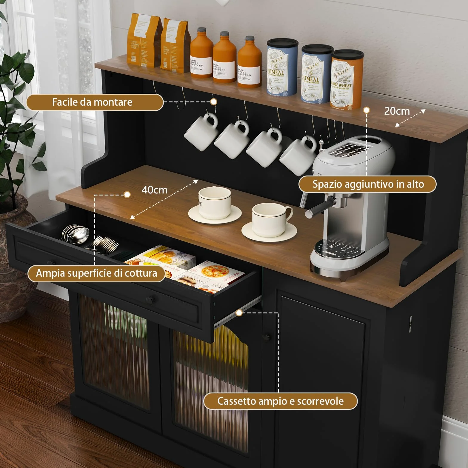 HOLTICO Credenza da Cucina Multifunzione, Armadietto per Microonde con Cassetto e Ganci per Tazze, Buffet Moderno per Soggiorno e Sala da Pranzo, Colore Nero Scuro