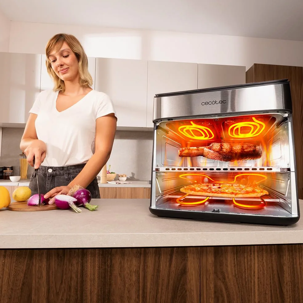 Cecotec Friggitrice ad Aria e Forno 18L Cecofry FoodCourt 18000 4Pizza+. 2700W, Forno Pizza 12" Incl. Pietra, 9L Parete Divisoria, Schermo Color, Acciaio Inox, Sincronizzazione Vaschette