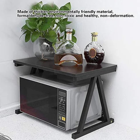 Wakects Mensola per Forno a Microonde, Allungabile Forno a Microonde, in Metallo e Legno, Ripiano della del Forno 2 Livelli Mensola Microonde, 57 * 34 * 36 cm(Nero)