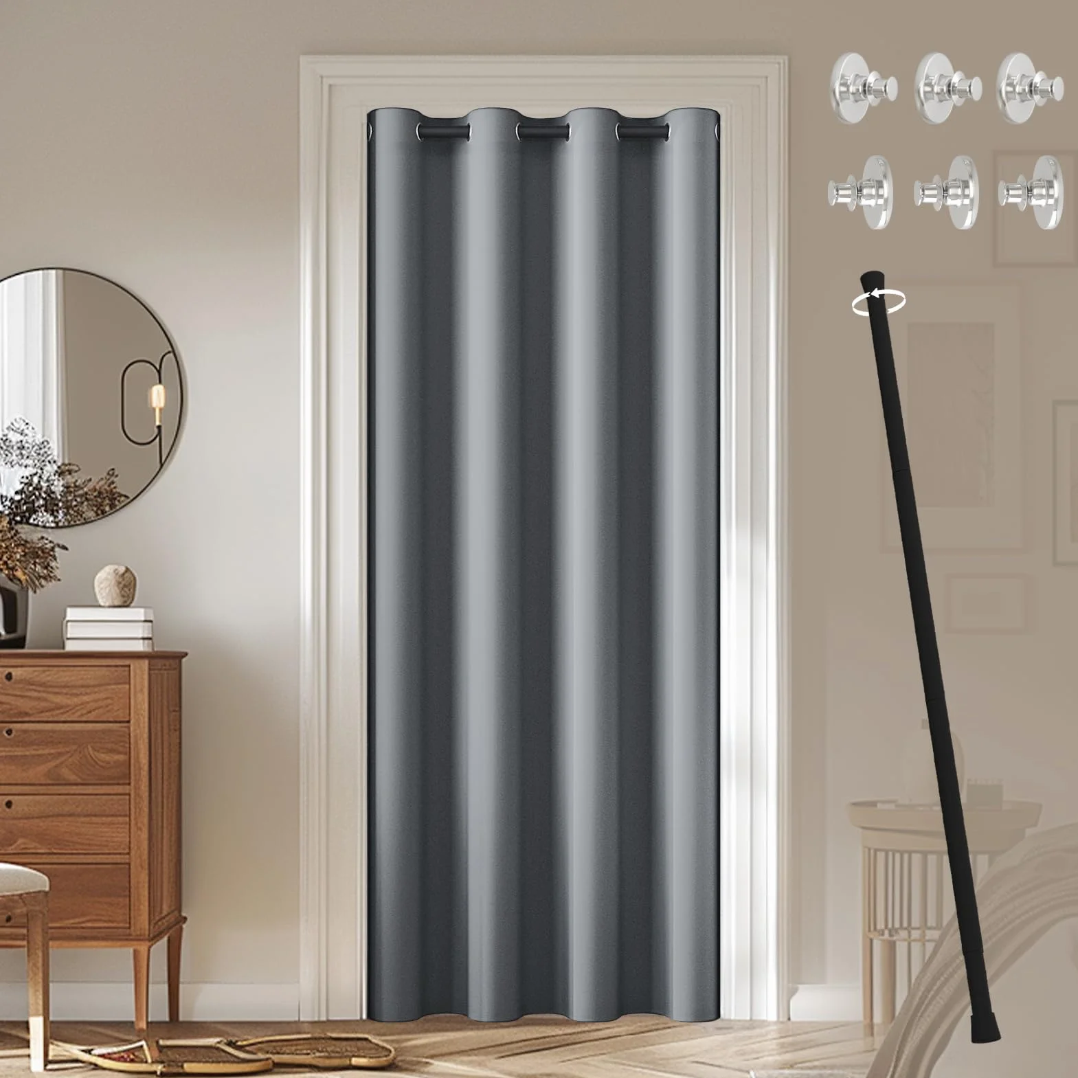 Tenda per Porta Tenda Oscuranti con Asta Telescopica, Tende Termiche Isolanti per Interni, Tende Oscurante Grigio con Anelli per Soggiorno,1 Pezzo 132x195cm, Tenda Grigio