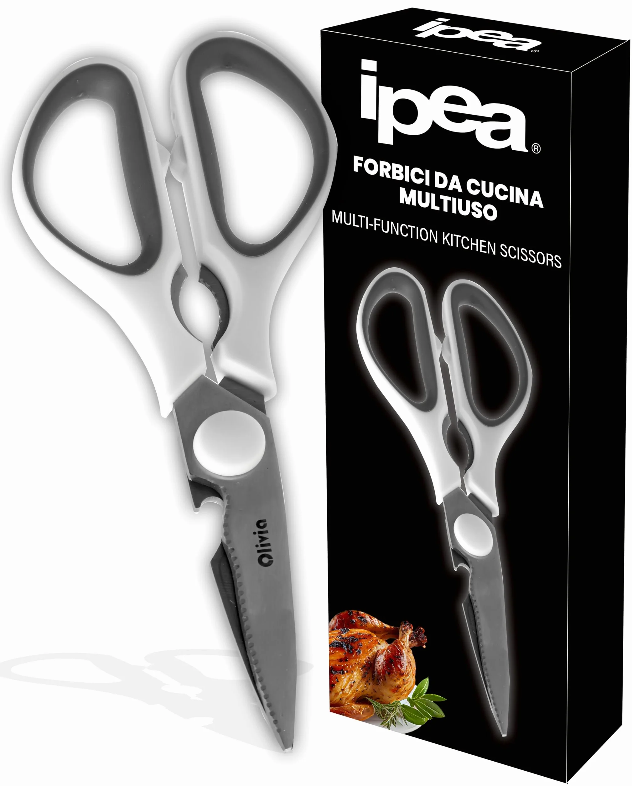 IPEA Forbici da Cucina Multiuso - 20 CM - Forbici Taglio Pollo, Carne, Pesce, Verdura - Multifunzione in Acciaio per Tagliare Pizza e Alimenti - Dotate di Apribottiglie, Cavatappi e Schiaccianoci