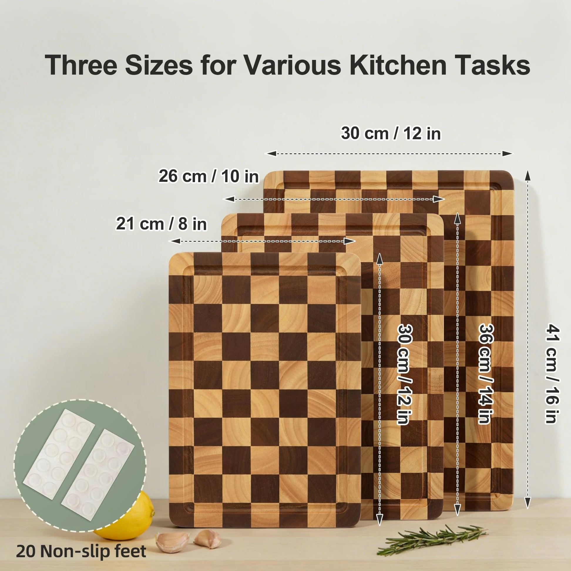 Set di 3 Taglieri a Scacchi in Legno con Supporto, Scanalatura per Succo e Manico per Carne, Verdure, Formaggio e Servire