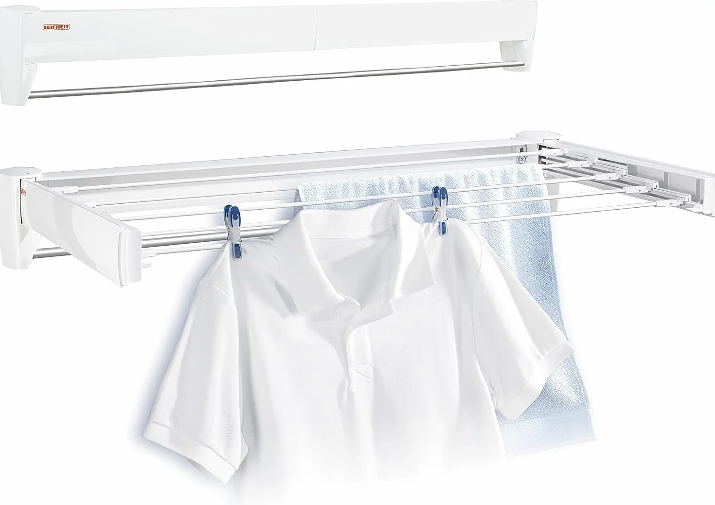 Leifheit Telegant 36 Protect Plus Stendibiancheria da parete, Stendibiancheria estensibile compatto, Stendino allungabile per bagno e balcone