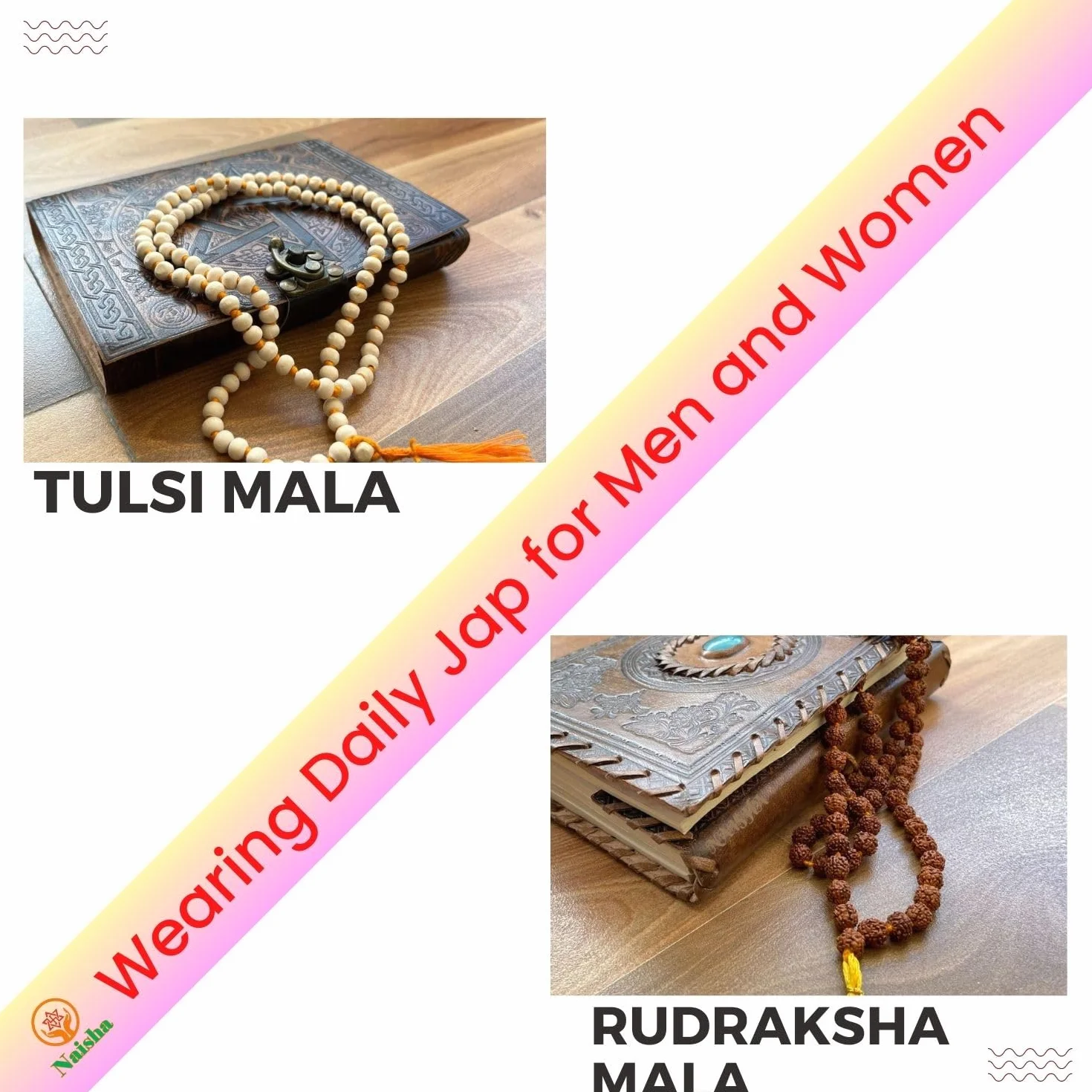 Naisha Tulsi Holy Basil Japa Mala & Rudraksha Mala, 108+1 perline Japa Mala, 5 facce Panch Mukhi Rudraksha Seed per Mantra Jaap quotidiano con nappina