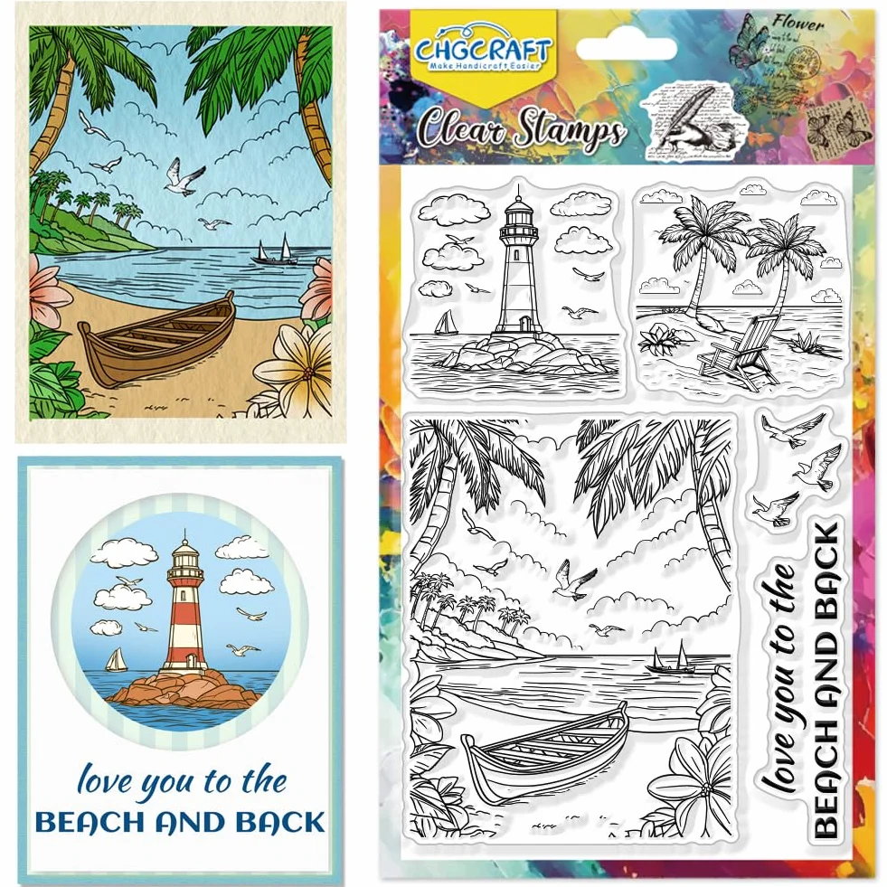 CHGCRAFT Timbri trasparenti per la spiaggia Isola Alberi di cocco Timbri trasparenti Faro Sigilli trasparenti in silicone per timbri per DIY Scrapbooking Decorazione album fotografico, 4,3x6,3 pollici