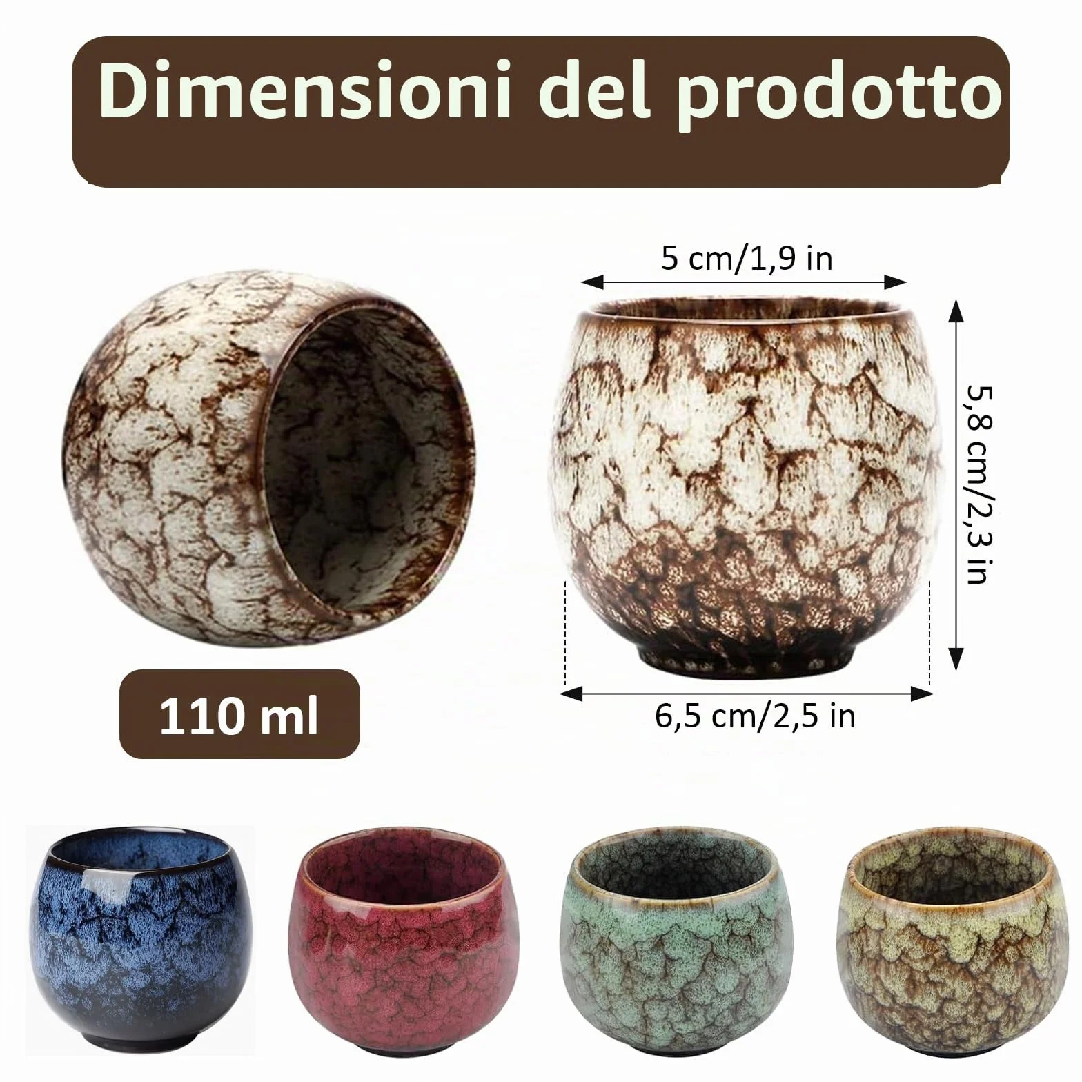 Set Tazze Espresso in Ceramica 110 ml 5 Pezzi, Lavabile in Lavastoviglie, Senza Manico
