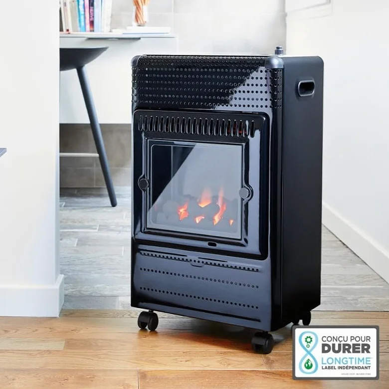 FAVEX - Riscaldatore supplementare a gas Ektor Fire – Pronto all’uso con tubo e riduttore – Interno – Infra Blu effetto fuoco da caminetto – 3 potenze – fino a 35 m² – Nero