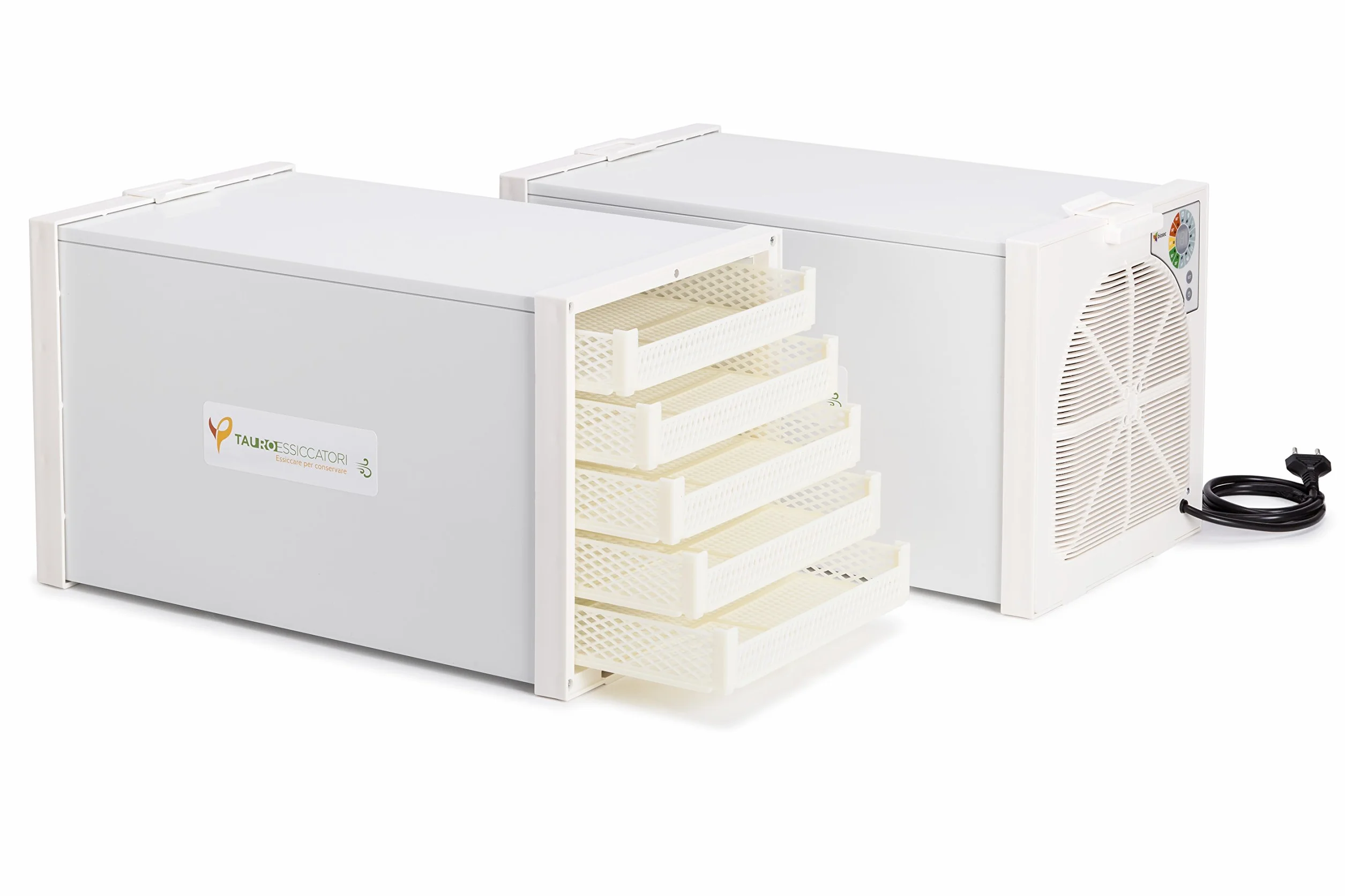 Tauro Essiccatori, Essiccatore alimentare Domus B5 a flusso orizzontale con 5 cestelli in materiale plastico, potenza 550W essicca fino a 3 Kg. Prodotto 100% Made in Italy