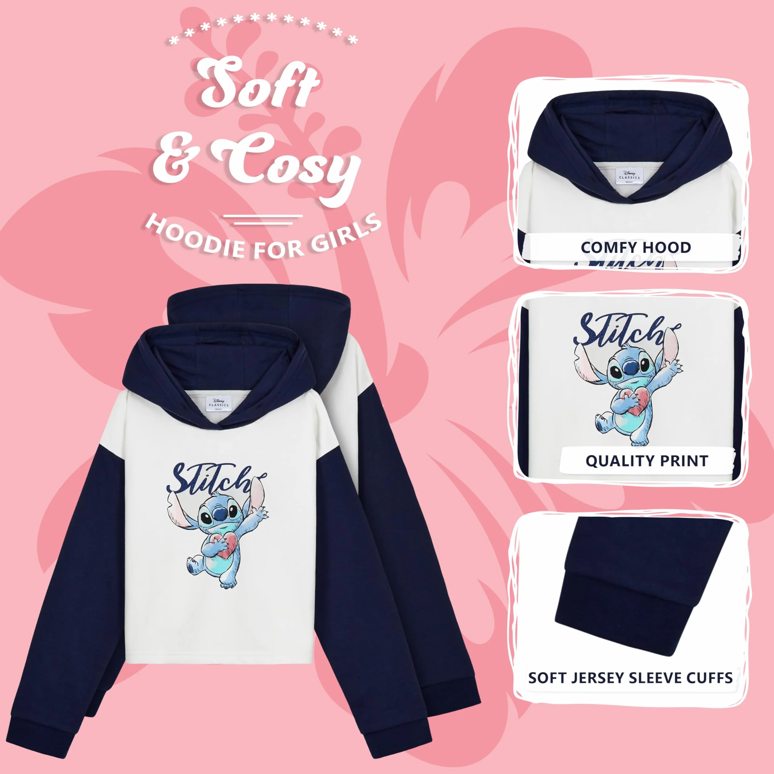 Disney Stitch Felpa Bambina Corta con Cappuccio Cotone Misto 7-14 Anni