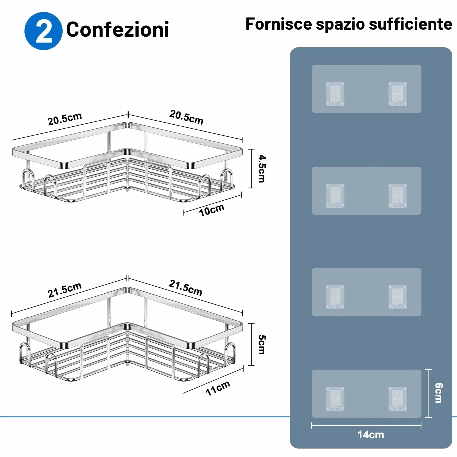 Mensola Doccia Angolare Porta Sapone Acciaio Inox 2 Pezzi Argento