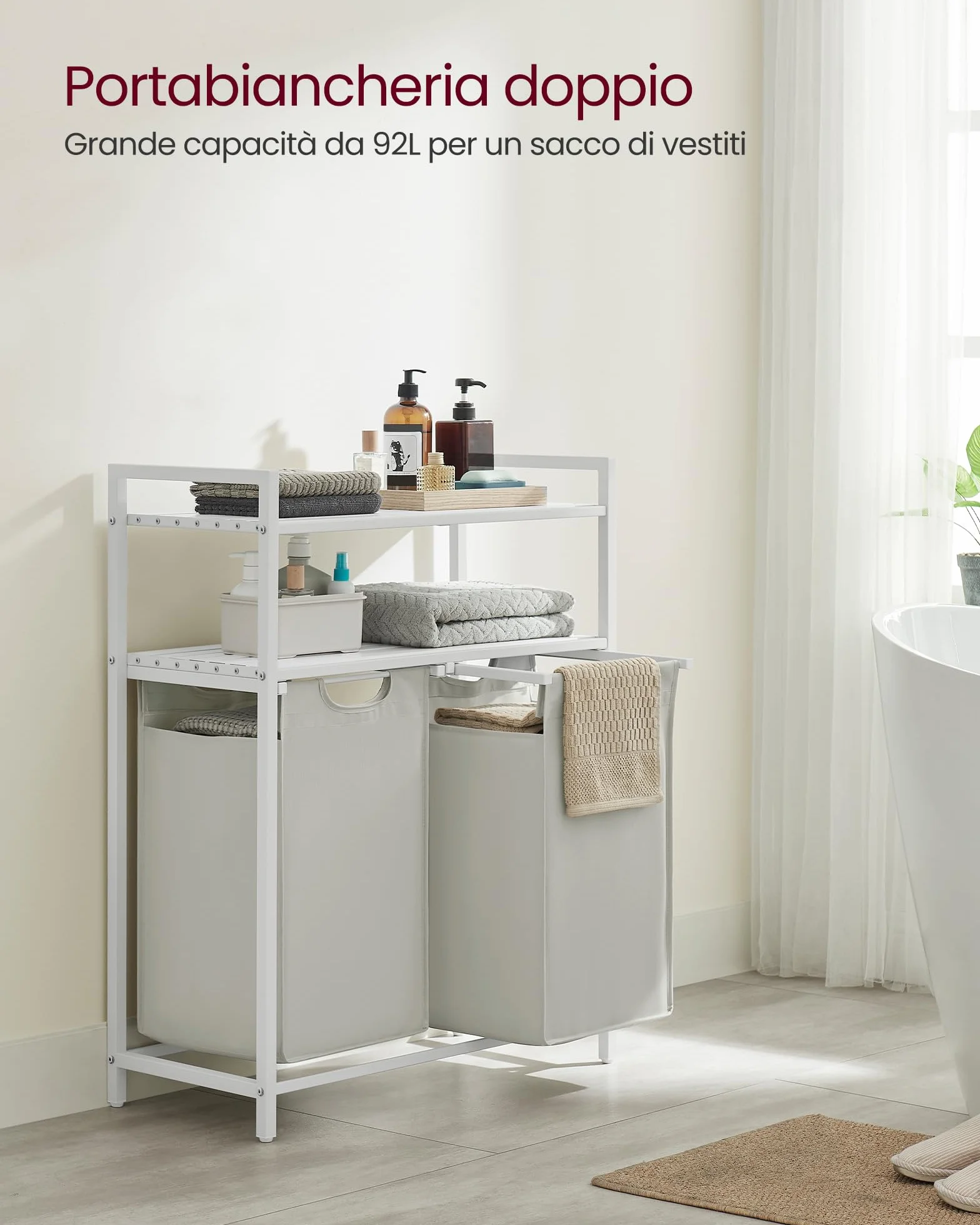 VASAGLE Cesto Portabiancheria 2 Sacchi Estraibili 46L Bianco BLH211W01
