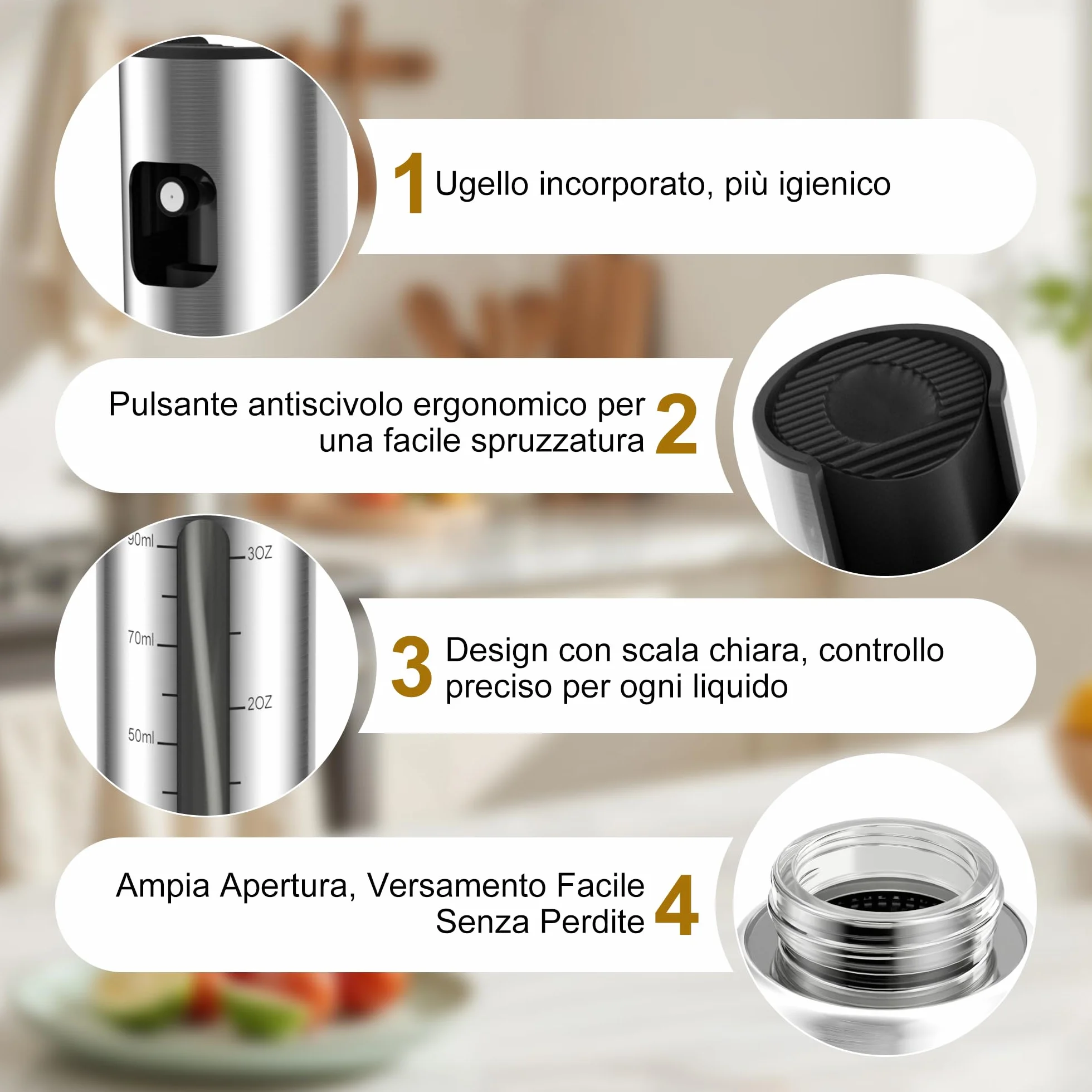 KitchenBoss Spruzzino Olio in Acciaio Inox 100ml per Friggitrice Aria, Spruzzi per Insalate, Grigliate e Fritture