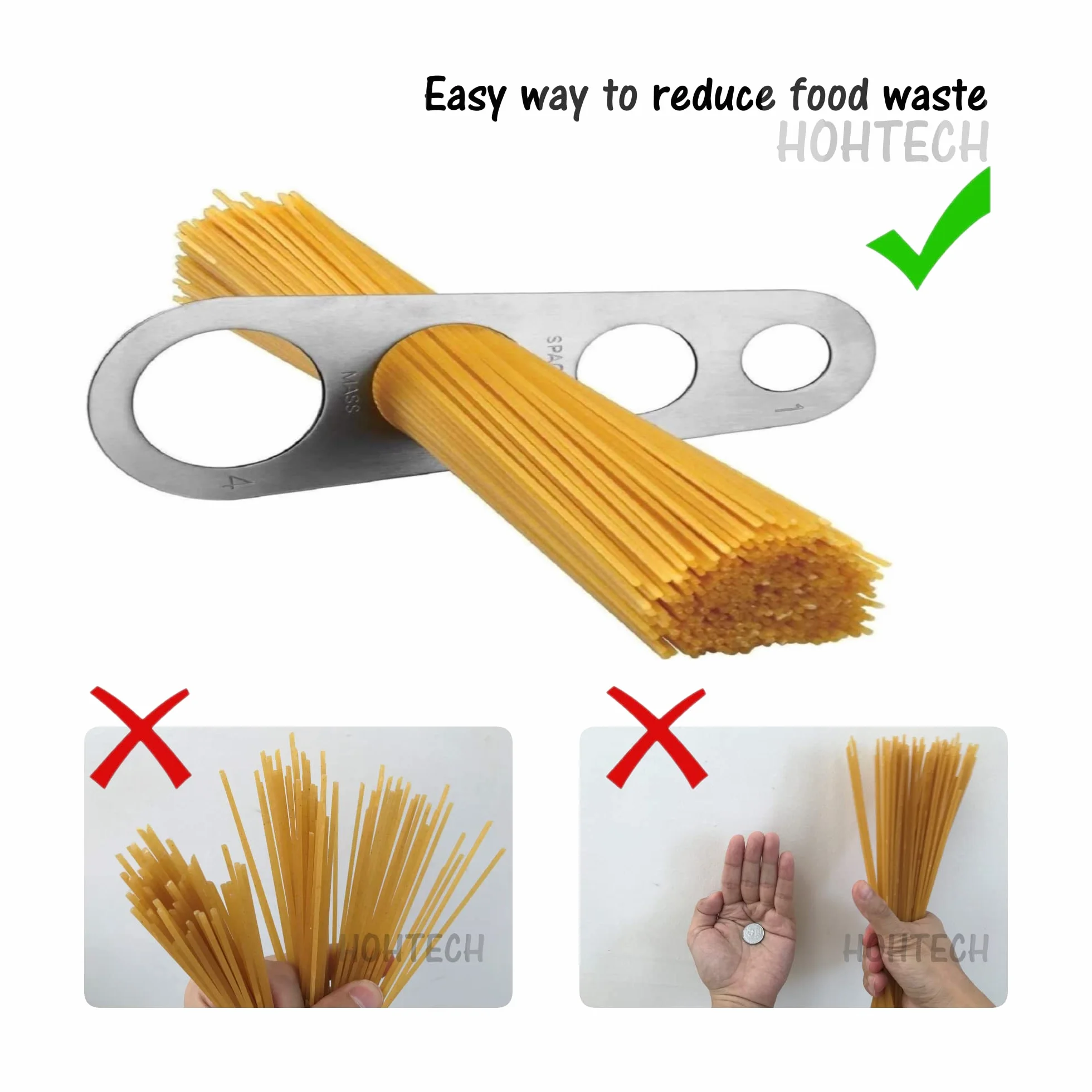 Dosaspaghetti in acciaio inox, per misurare la pasta lunga, utensile da cucina, per spaghetti, con 4 fori di misurazione (misura fino a una porzione per quattro adulti)