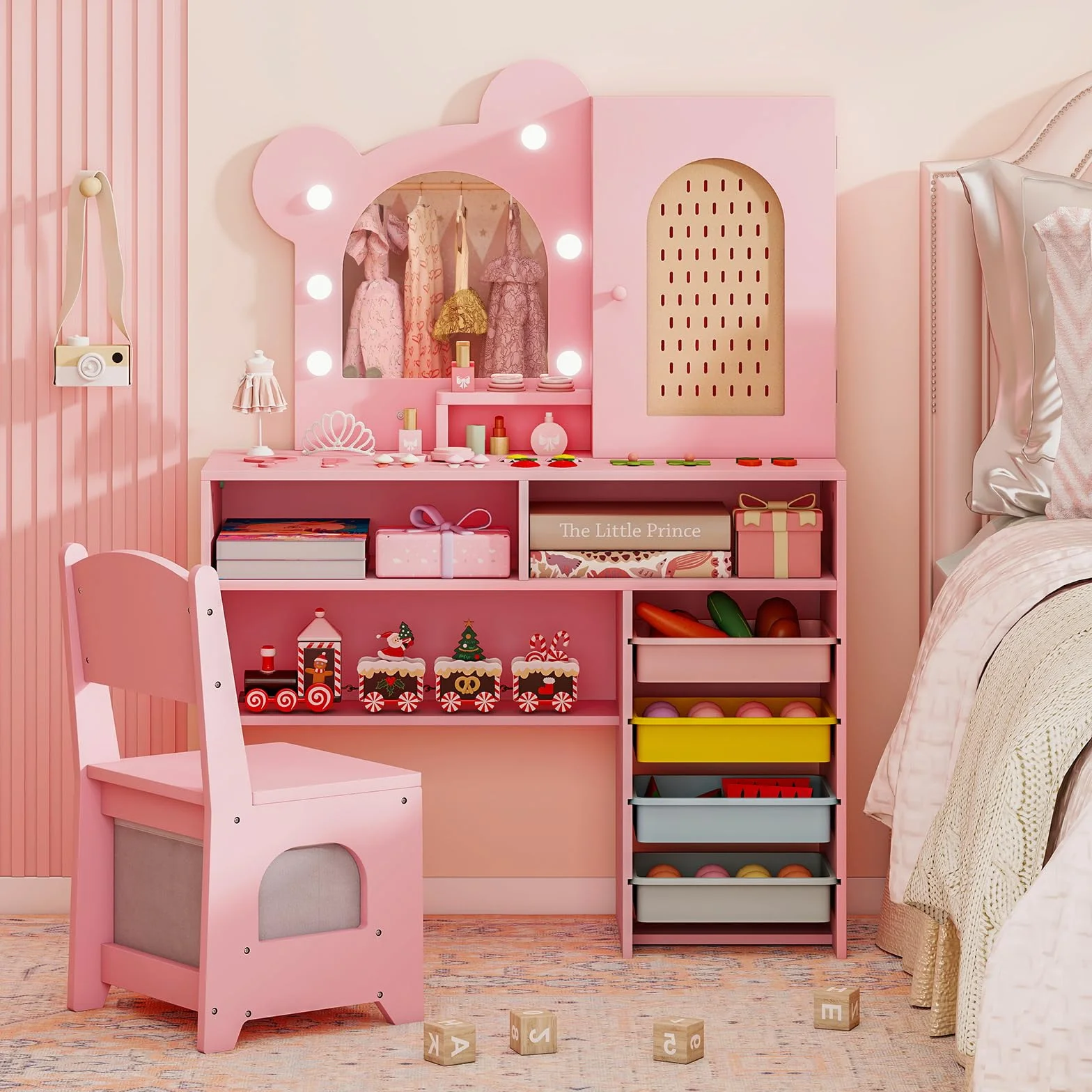 RELAX4LIFE Toeletta Trucco per Bambini con Luci, 3 Colori e Luminosità Regolabile, Set di Tavolo e Sedia on 5 Cassetti e 2 Scomparti, Postazione Trucco per Bambini 3+ Anni (Rosa)