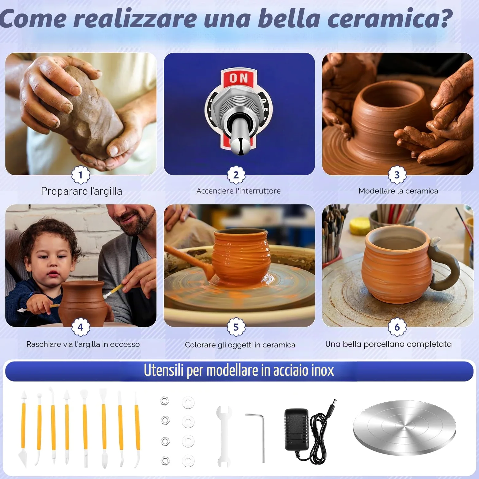 Tornio per Ceramica, Tornio per Argilla 2000 RPM velocità Regolabile Ruota di Ceramica Elettrica con Bacinella Staccabile e Strumenti di Argilla Fai-da-Te, Tornio Ceramica per Bambini e Adulti