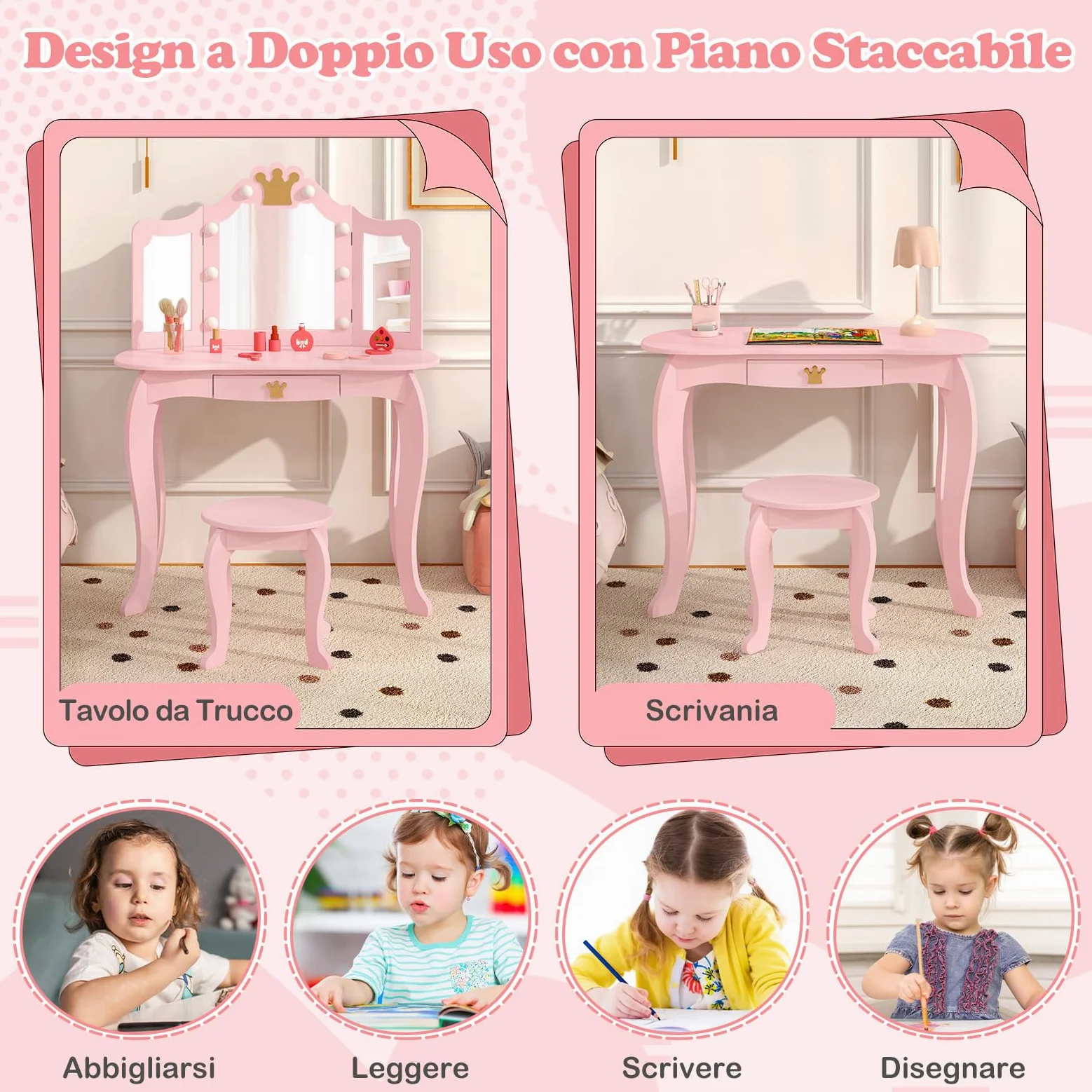 RELAX4LIFE Toeletta Trucco per Bambina con 8 Lampadine LED, 3 Colori di Luci, Specchiera Trucco con Sgabello, Toeletta in Legno, Specchio Rimovibile, per Bambini 3-7 Anni (Rosa)