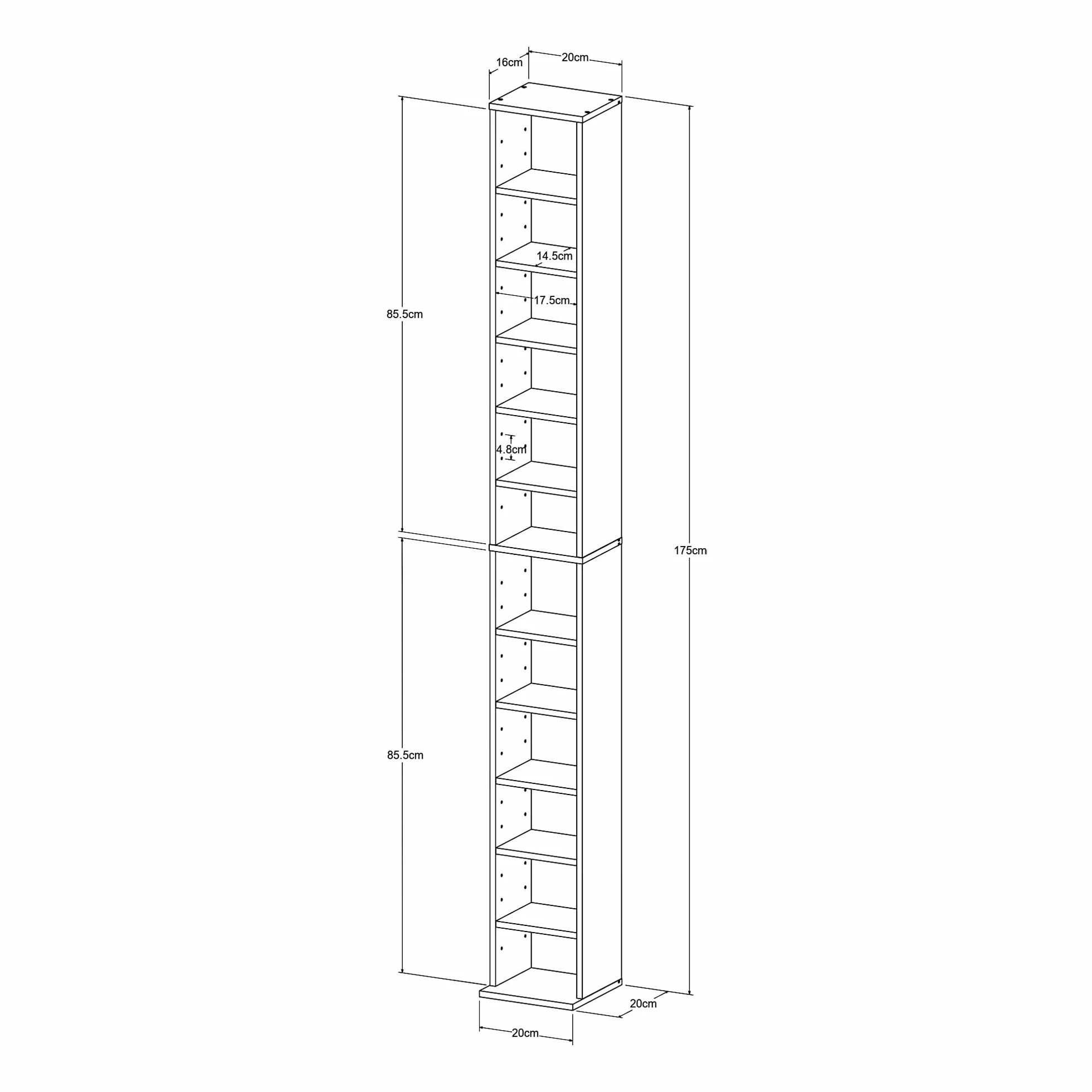 Scaffale a Colonna 12 Scomparti per CD DVD 175x20x20 cm Bianco Ripiani Regolabili