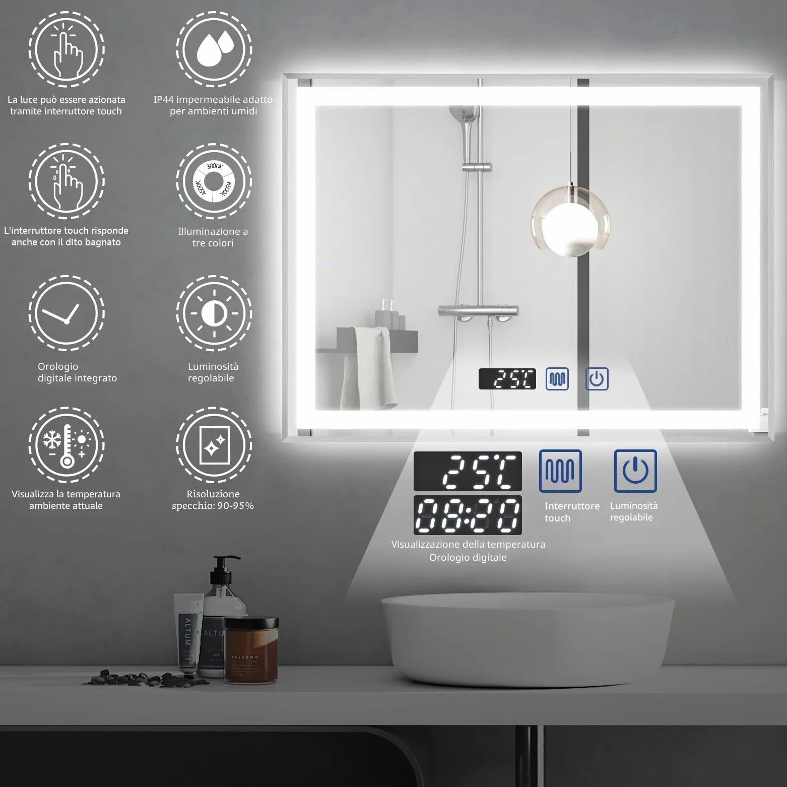 YU YUSING Specchio Bagno con Luce 80x60cm, 3 Colori, Orizzontale Argento