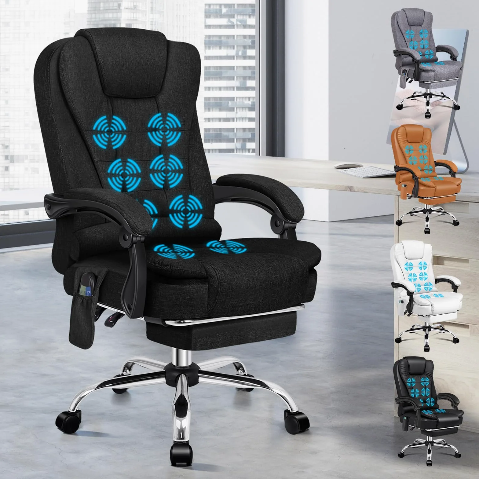 ALFORDSON Sedia Scrivania con Massaggio, Sedia Ufficio Ergonomica con Sedile riscaldato, Supporto Lombare e Poggiapiedi, Poltrona Girevole per Ufficio e Studio Sala Riunioni, Tessuto(Nera)