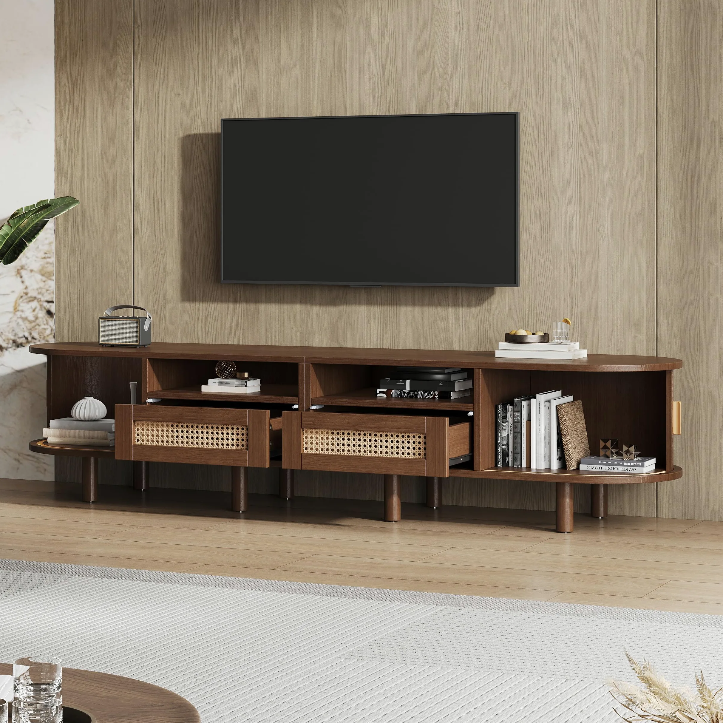 ModernLuxe Mobile TV Ovale e Tavolo TV per 70 Pollici, con 2 Cassetti in Rattan, 2 Ante Scorrevoli, Credenza Bassa, 170 * 40 * 40 cm Color Noce