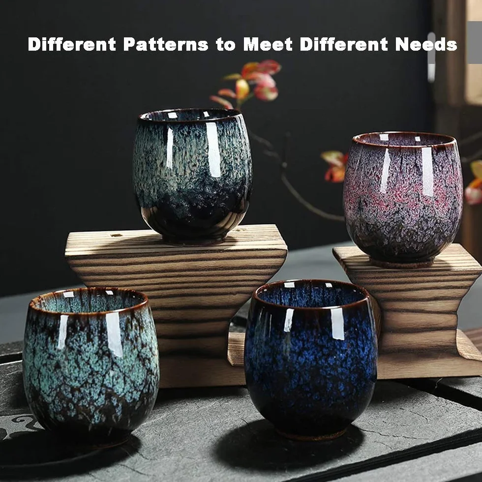 Set di tazze da tè in ceramica giapponese fatte a mano, 4 pezzi, smaltata multicolore flambed