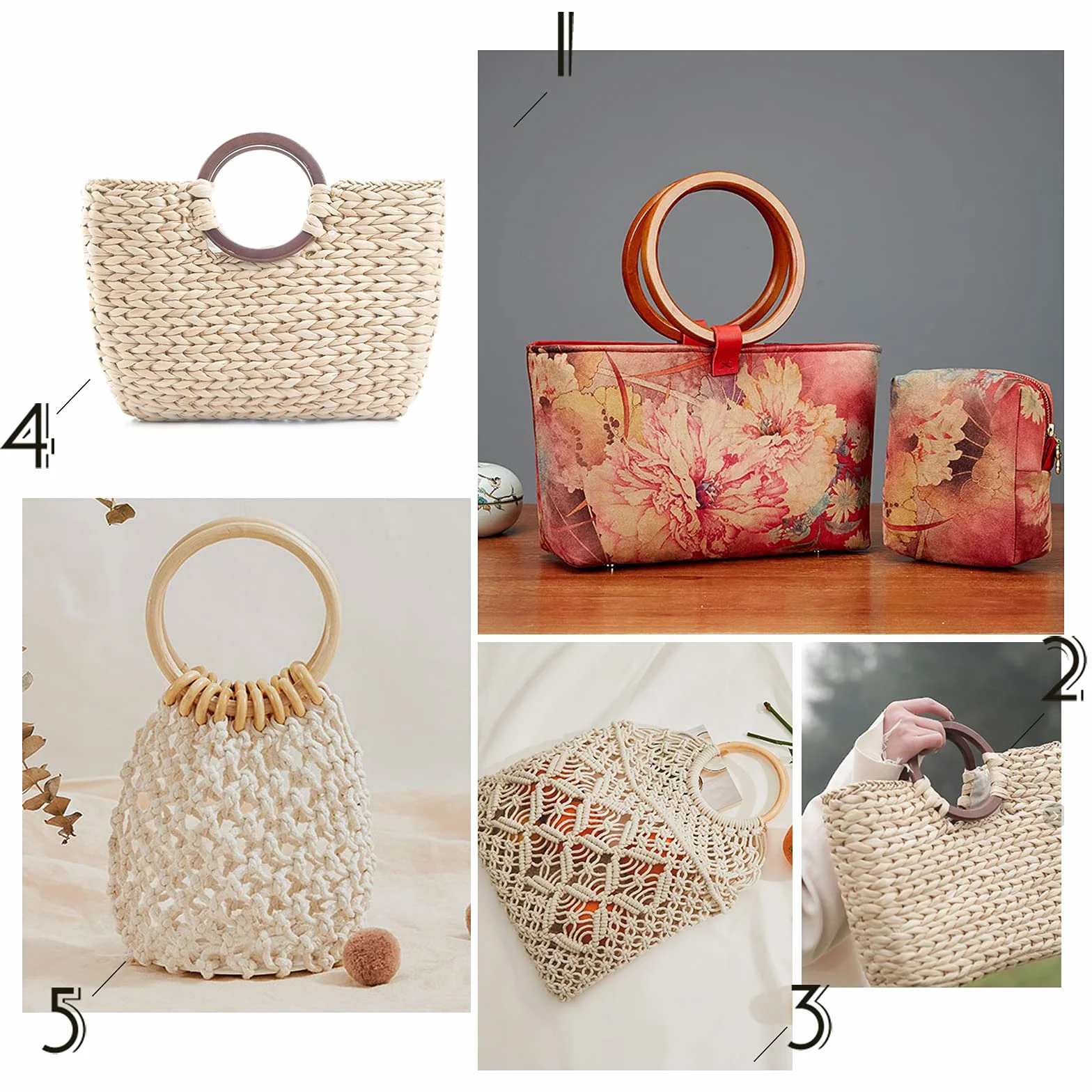 PH PandaHall 6pz Manici per Borsa in Legno Rotonda Sostituzione Borsa da Spiaggia Macrame