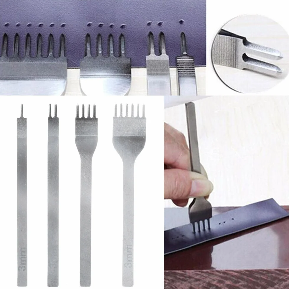 Leathercraft Tools - 4pcs Punzoni 3-6mm 1 + 2 + 4 + 6 Denti Cuciture Scalpello Tool , Strumento Pelle Punzoni Coltello per Pelletteria Foro Punzonatrice per Fai Da Te, Fare Punti di Cucitura Perforatore, Stitching Hole Punch