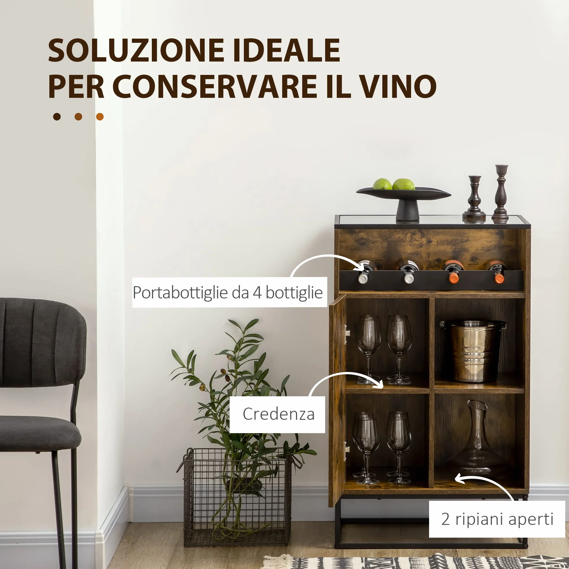 HOMCOM Mobile Multiuso da Salotto con Portabottiglie, Vani Aperti e Armadietto, Mobiletto Porta Vini Stile Industriale, 60x40x100cm, Marrone
