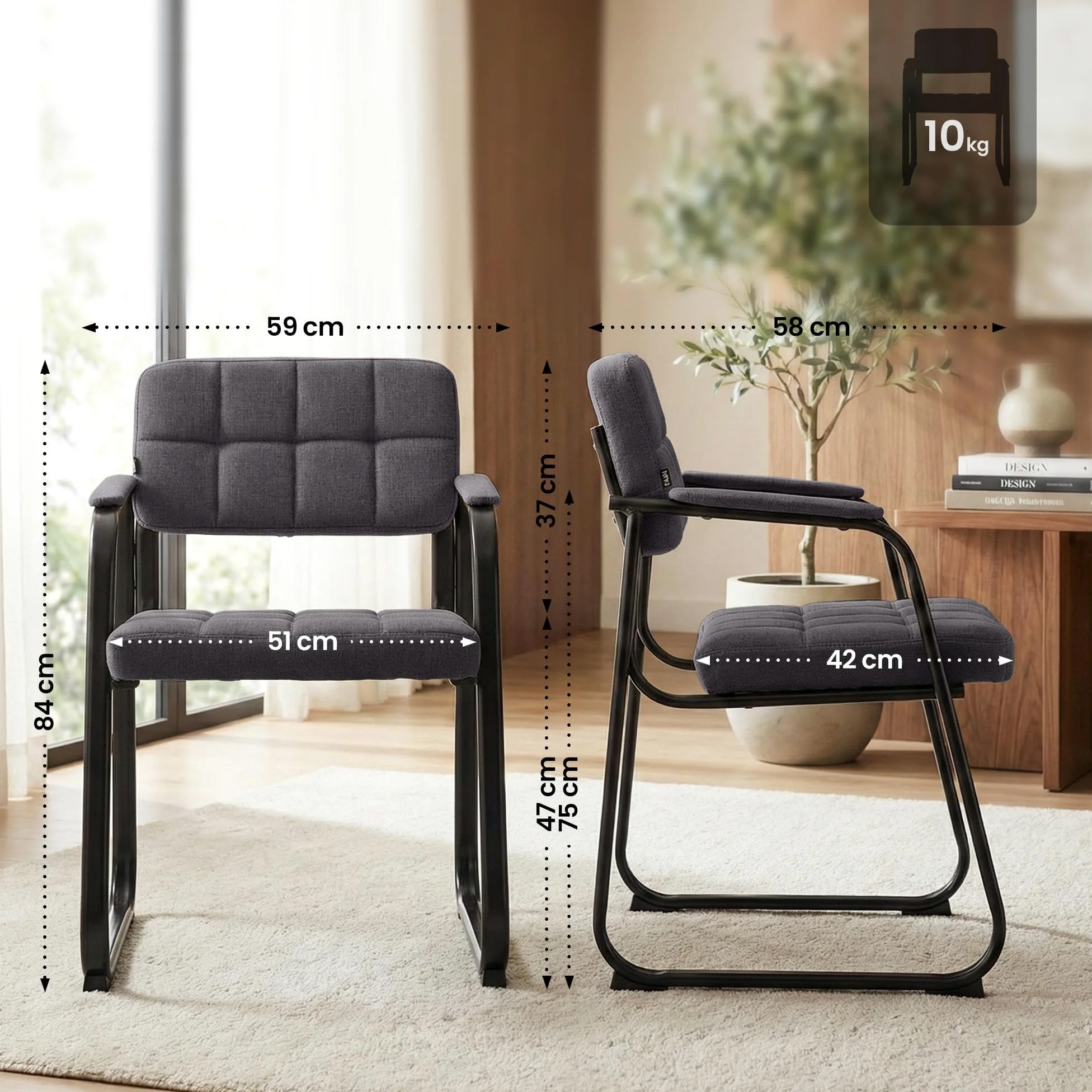 CLP Sedia con braccioli Canada B, sedia visitatore imbottita, struttura in metallo nero opaco, sedia da conferenza, sedia sala d attesa tessuto, Colore:grigio scuro