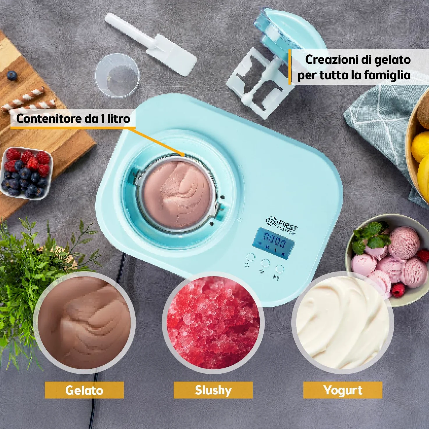 TZS First Austria - Gelatiera 1L con Compressore 3-in-1-100W Macchina per Gelato Autorefrigerante per Frozen Yogurt, Sorbetti e Gelato - Turchese