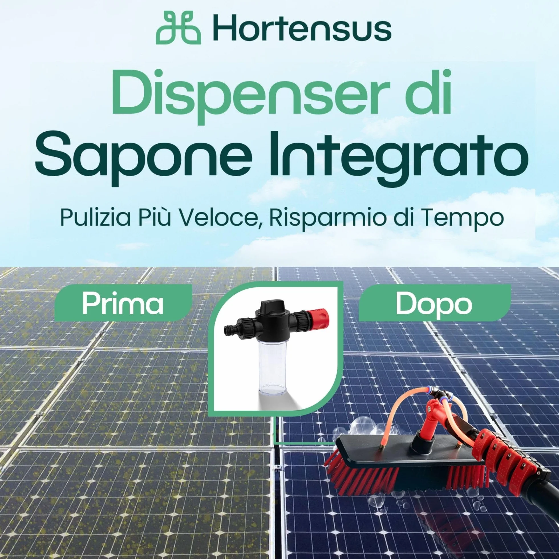 Spazzola Lavaggio con Asta Telescopico – Spazzola Telescopica con Collegamento all’Acqua per Pannelli Fotovoltaici e Solari, Auto, Camper, Grondaie, Tetti e Facciate Pulizia (4,6 m)
