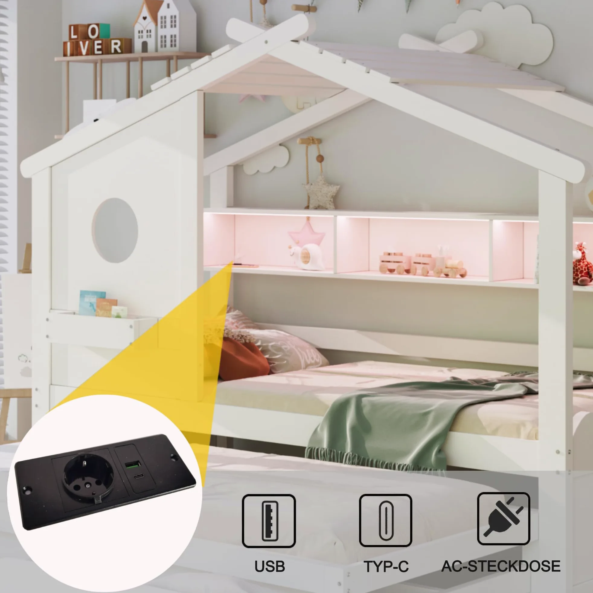 Letto Casetta per Bambini Ragazzi 90x200 con letto estraibile 90x190, Letto a Forma di Casa con LED e Porte di ricarica USB, 2 Cassetti e Ripiani, Struttura letto in Legno Massiccio(Senza Materasso)