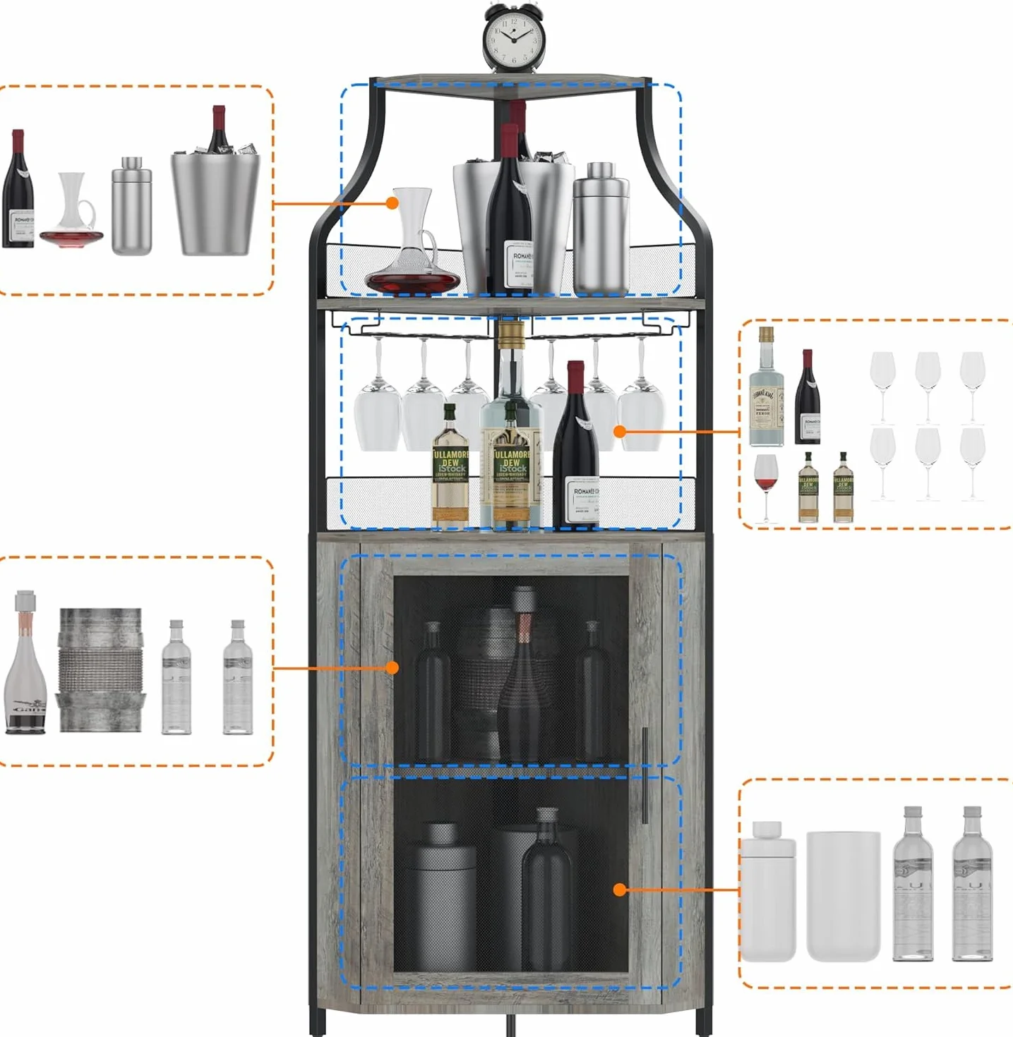 Armadietto angolare in legno con 2 supporti in vetro, armadio ad angolo con ante in metallo e 4 ripiani, cucina con superficie di lavoro, mobili da bar per ingresso, soggiorno, cucina (152 x 90 x 32