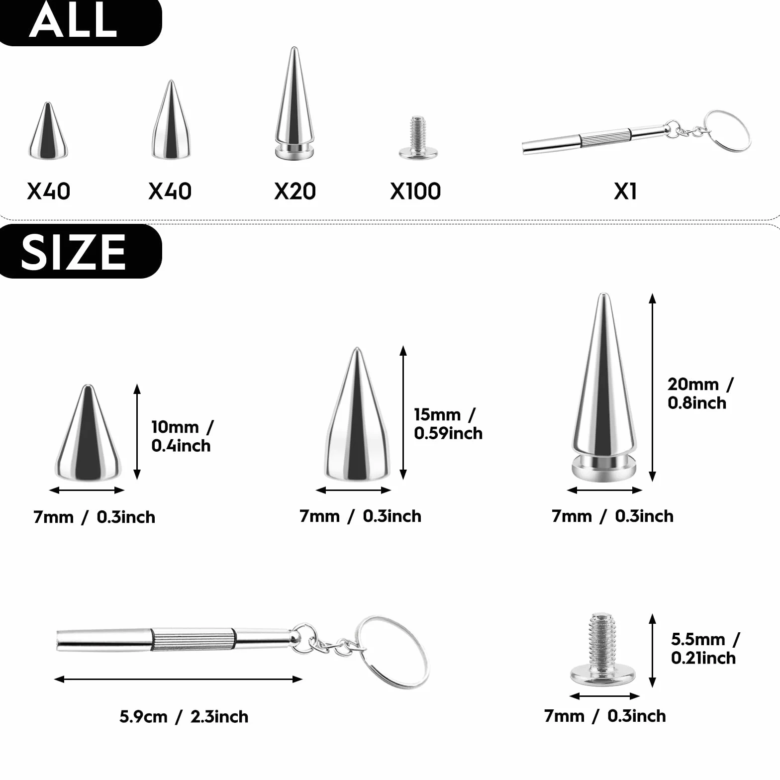 100 pz Spikes Studs 7mm Metallo Cone Spikes Rivet, Punk Rock Vite Back Studs per DIY Borse Abbigliamento, con cacciavite (argento, 3 dimensioni)