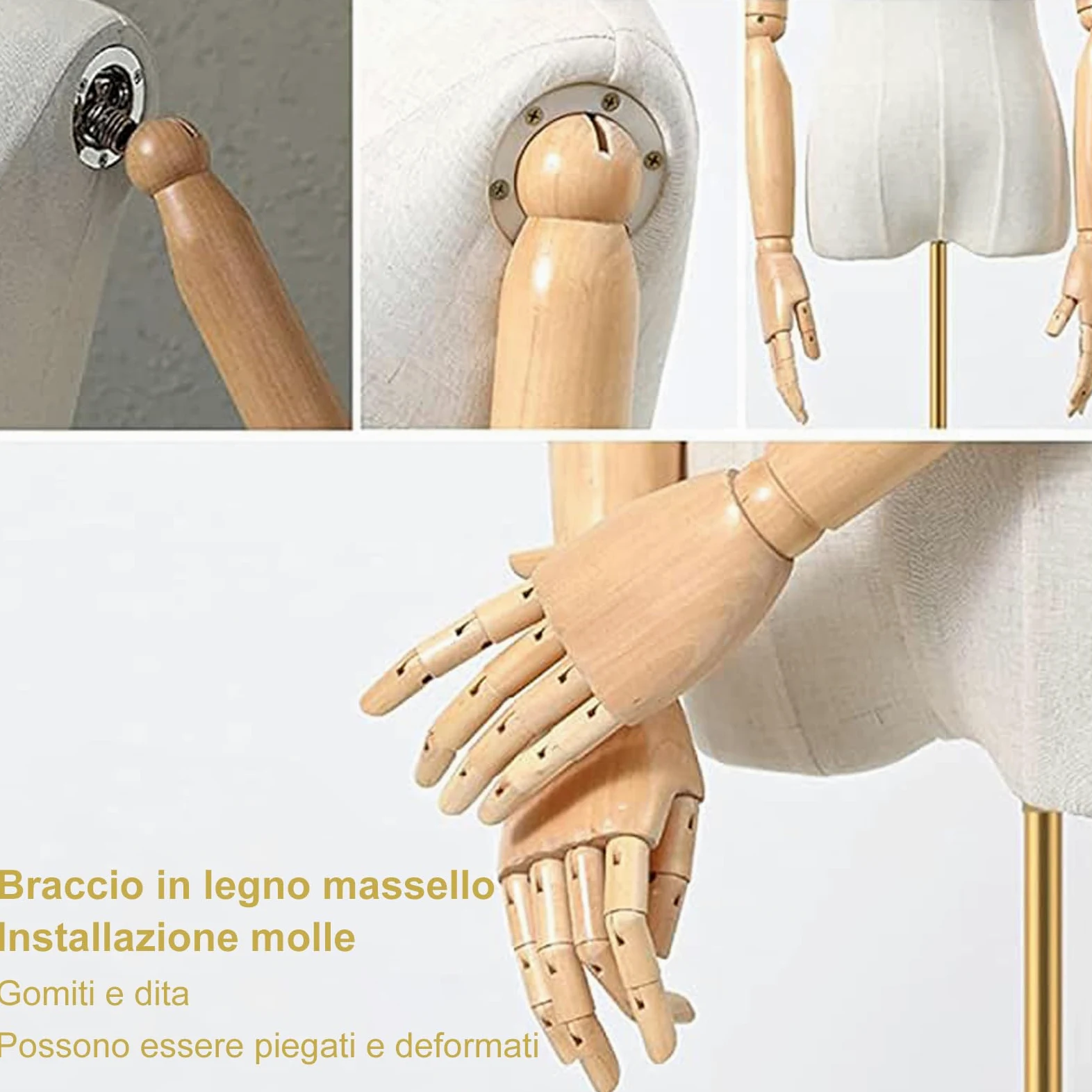 Manichino femminile a forma di busto, corpo manichino con testa staccabile, mani in legno e supporto regolabile in altezza dorato, per esposizione di gioielli, beige (oro)