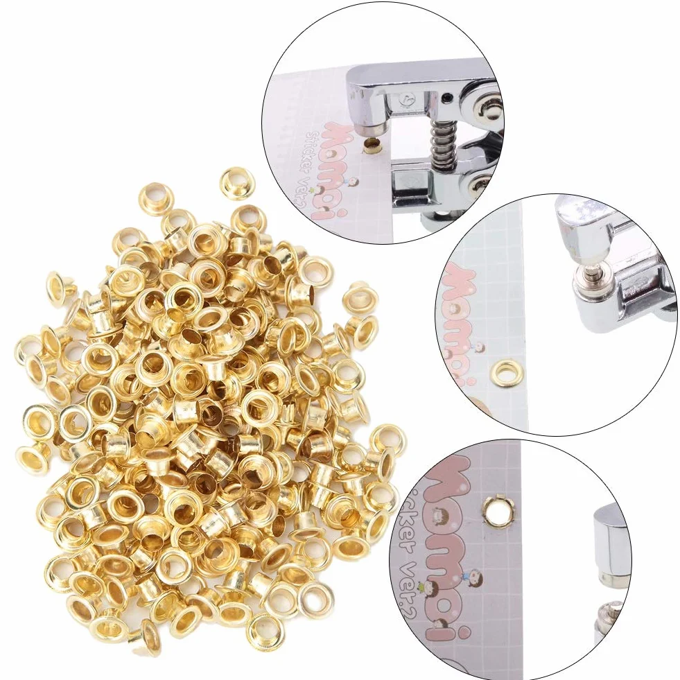 Occhielli Dorati da 4 Mm, 250 Set Occhielli in Metallo Carta di Carta Singolo Foro Occhiello Occhiello Rotondo per Scarpe Vestiti Artigianato Scrapbooking Documento Cartaceo
