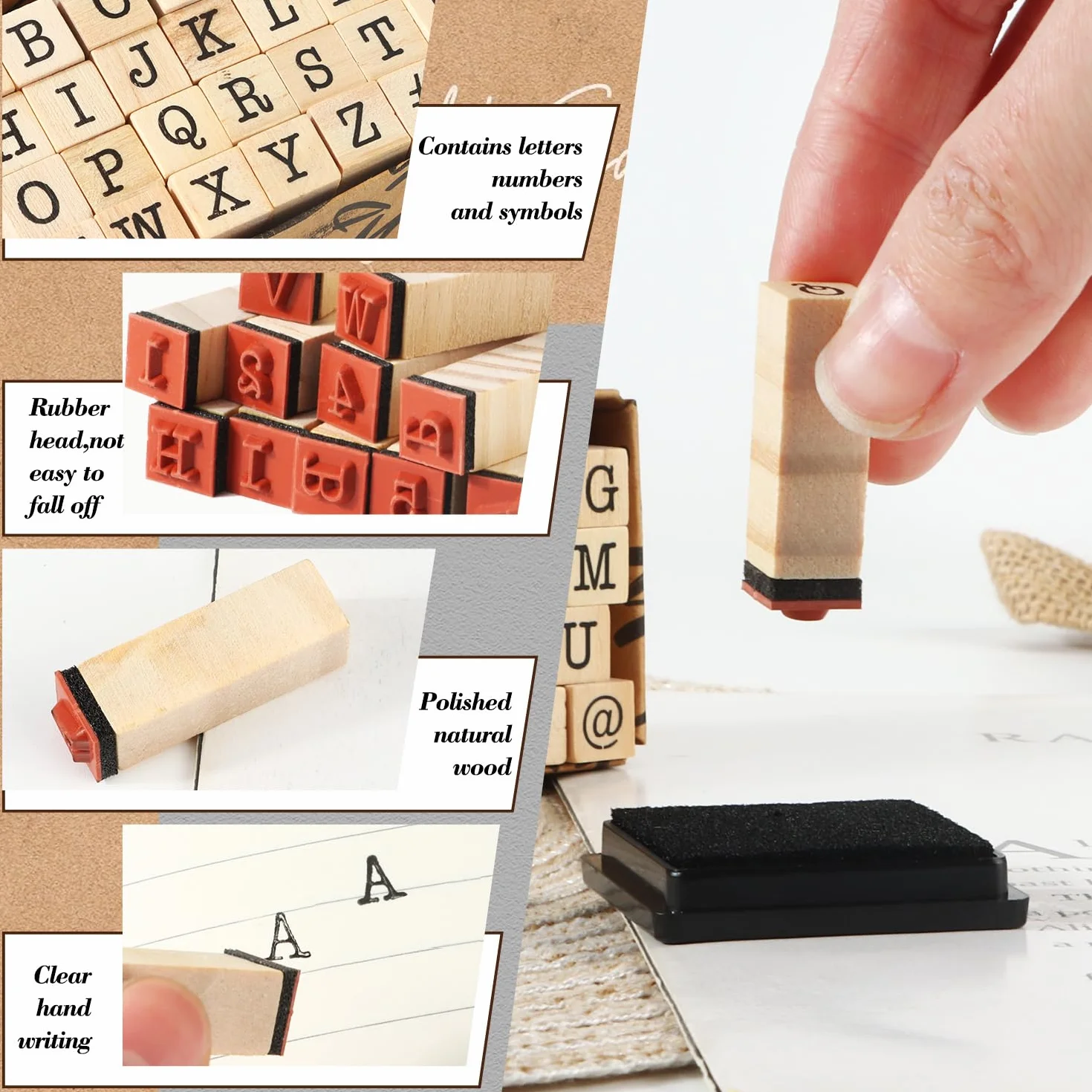 40 francobolli in legno alfabeto, lettere timbri per scrapbooking, arte e artigianato
