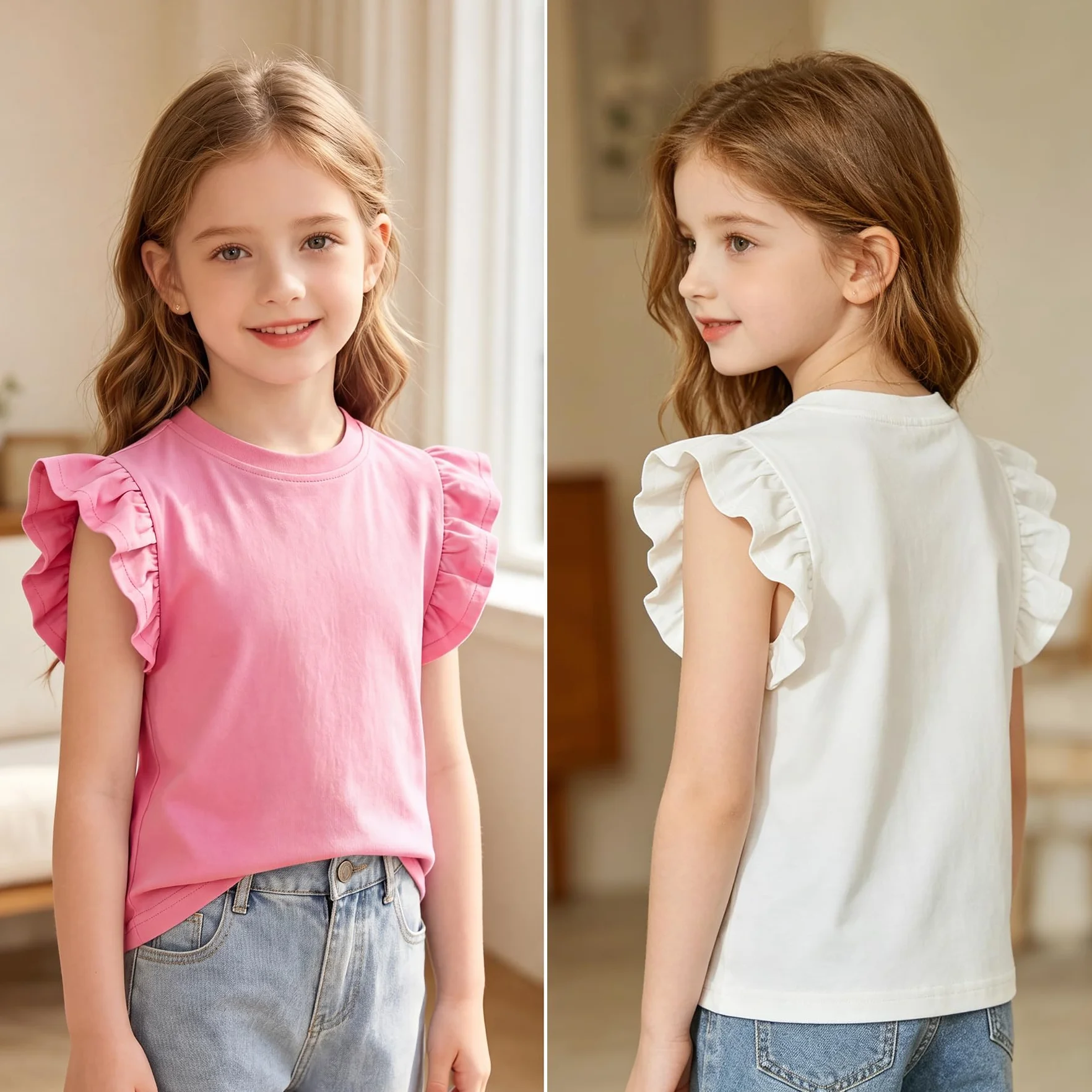 T-Shirt Bambina Ragazze Set di 2 Cotone Manica Farfalla Maglietta Collo Rotondo Top Morbido Casual Unicolore Tee Scuola Parco Estate Abbigliamento per Ragazza Bambine 4-10 Anni