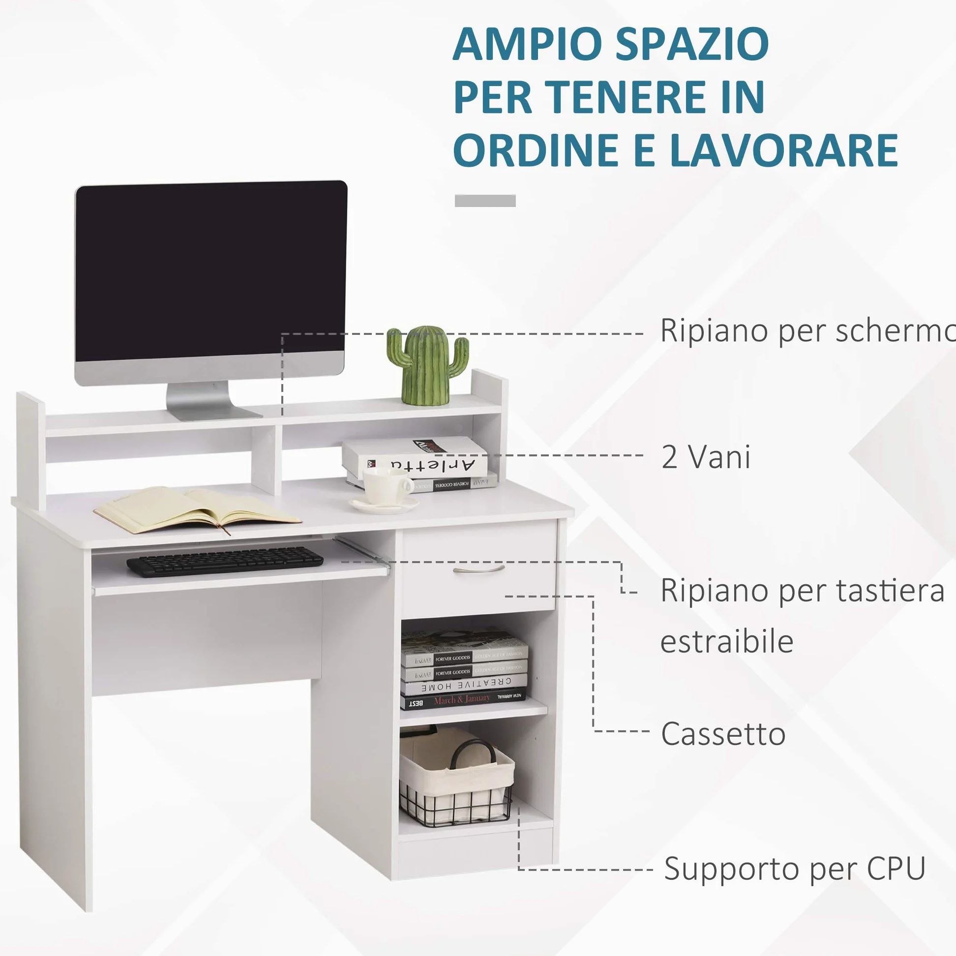 HOMCOM Scrivania per Computer Compatta, Scrivania PC Fisso in Legno Bianco con Ripiano Tastiera Estraibile e Mensole 104x48x95.5cm
