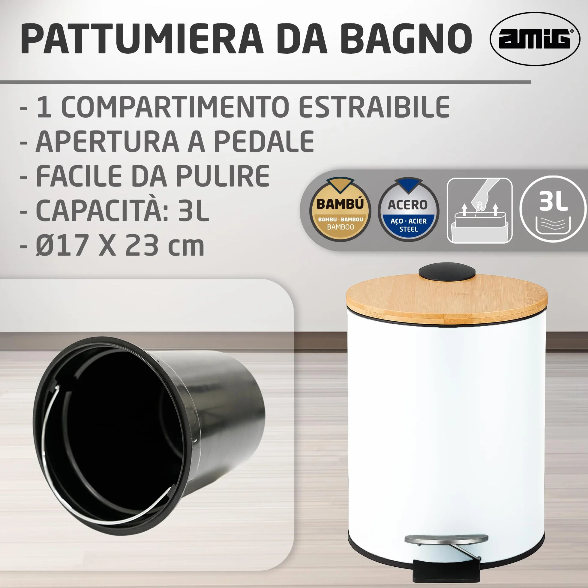 Amig Naturline Pattumiera da bagno con pedale 3 litri bianco bambù acciaio inox